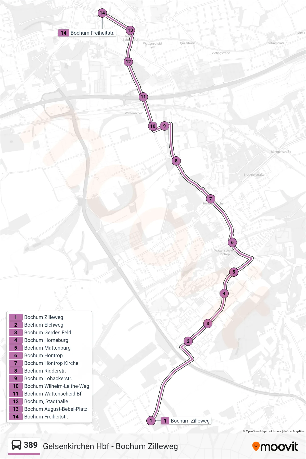 Linie 389 (Bus) Richtung Bochum Freiheitstr.: Route und Haltestellen auf der Karte