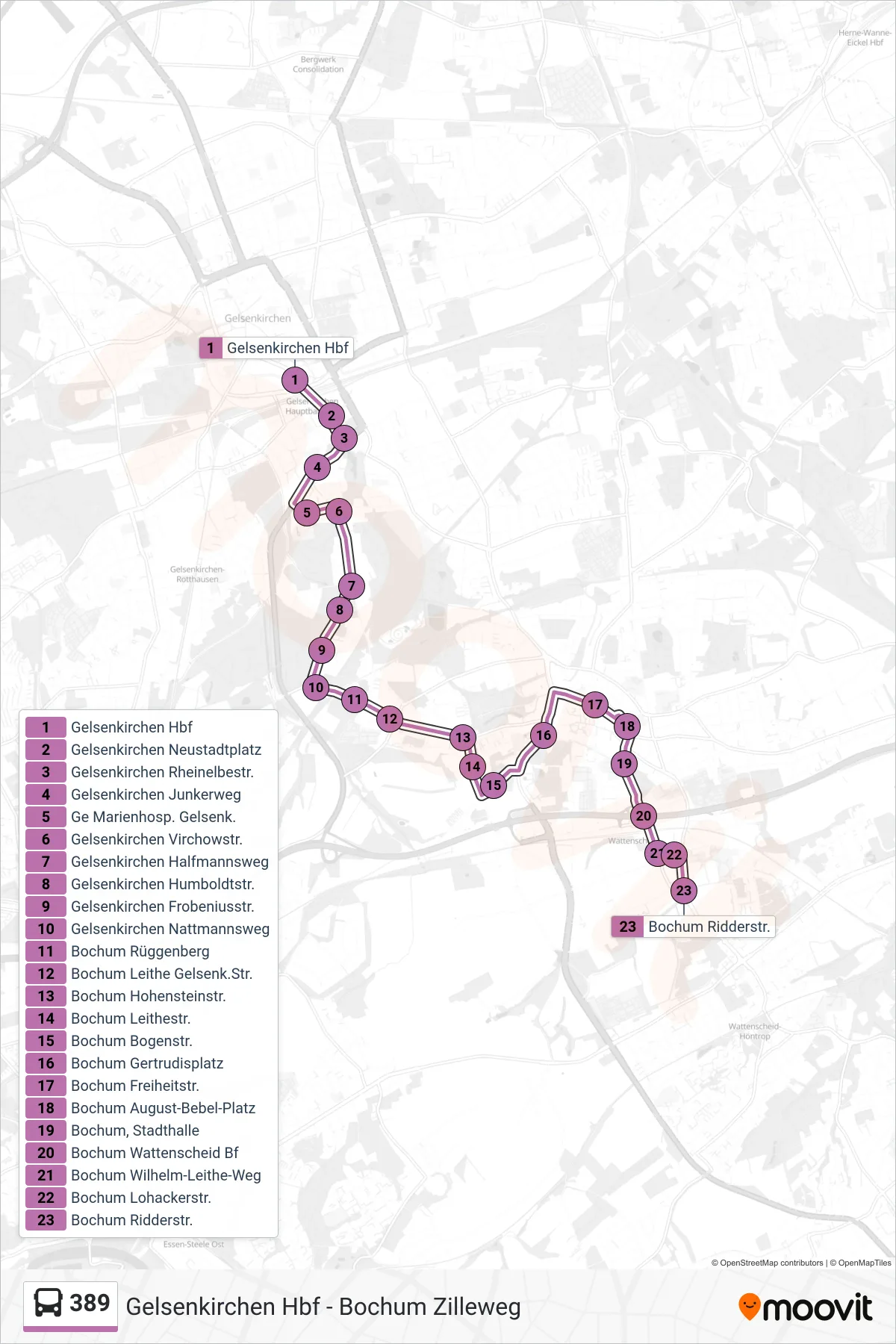 389 bus Line (Bochum Ridderstr.) route and stops on a map