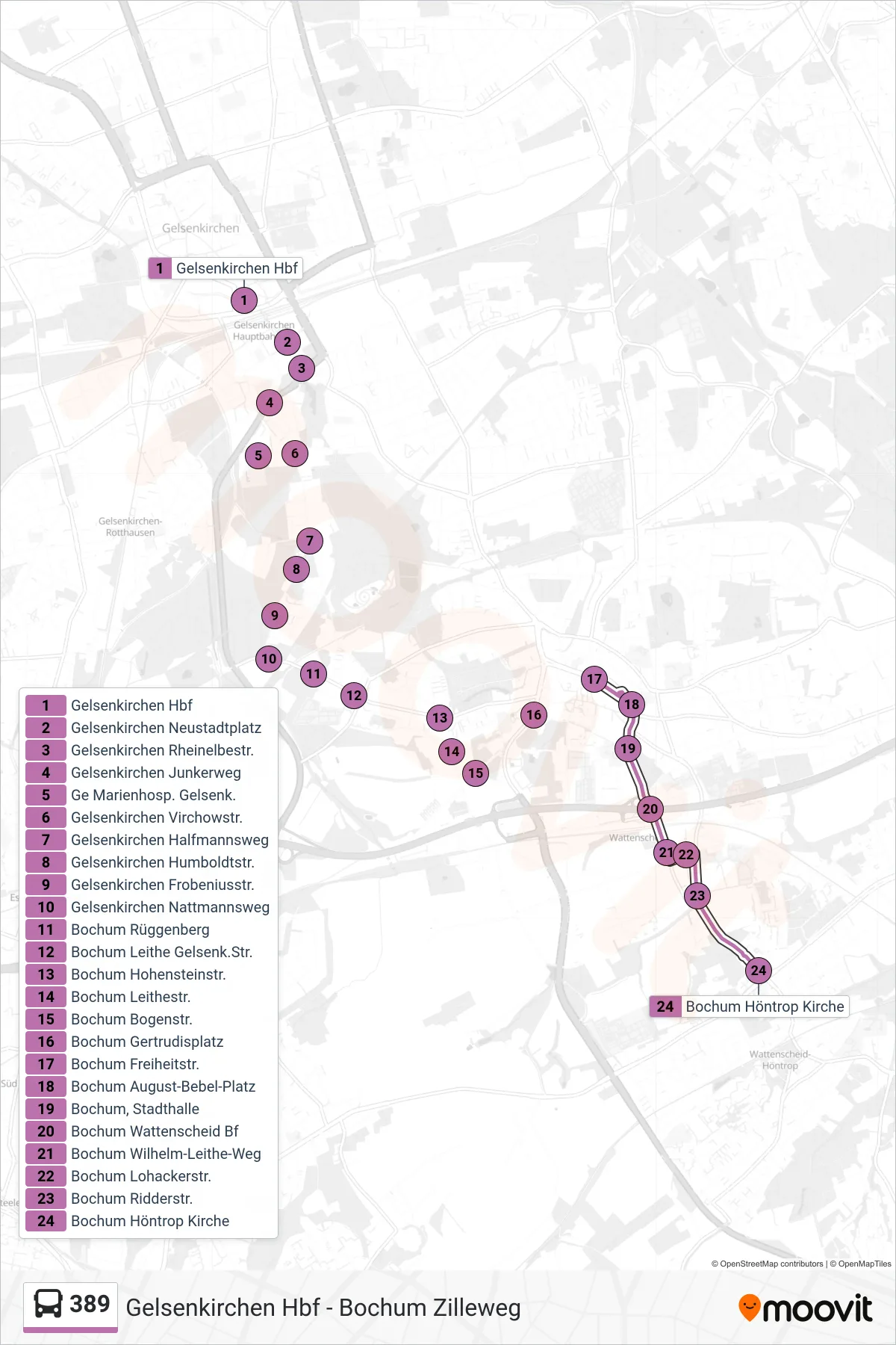 Linie 389 (Bus) Richtung Bochum Höntrop Kirche: Route und Haltestellen auf der Karte