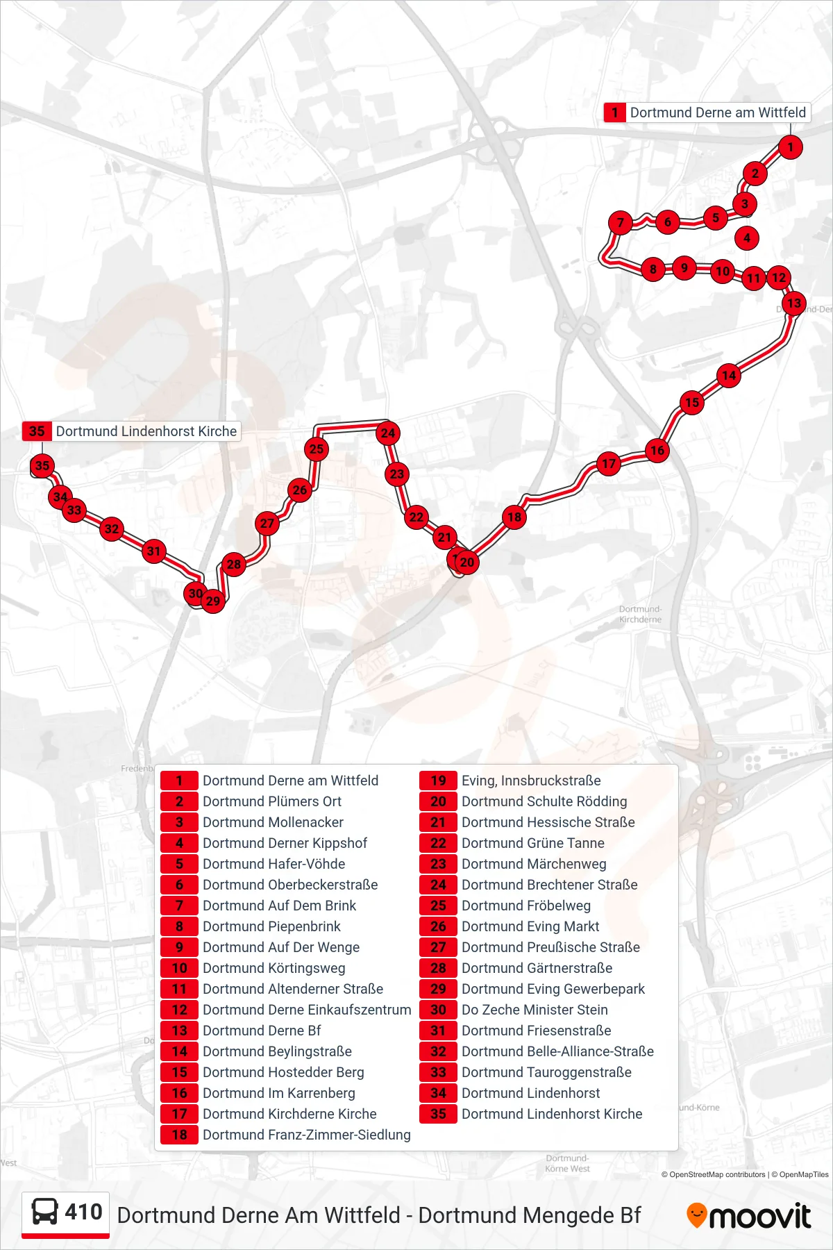 410 bus Line (Dortmund Lindenhorst Kirche) route and stops on a map