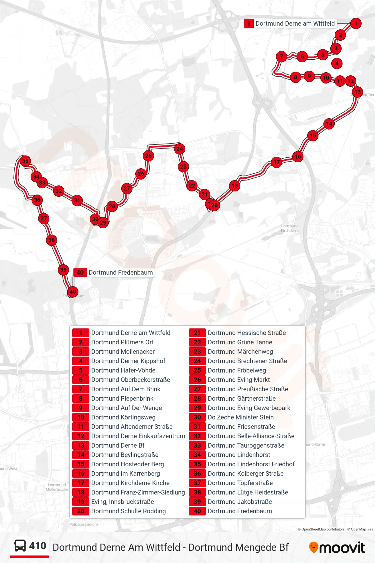 410 bus Line (Dortmund Fredenbaum) route and stops on a map