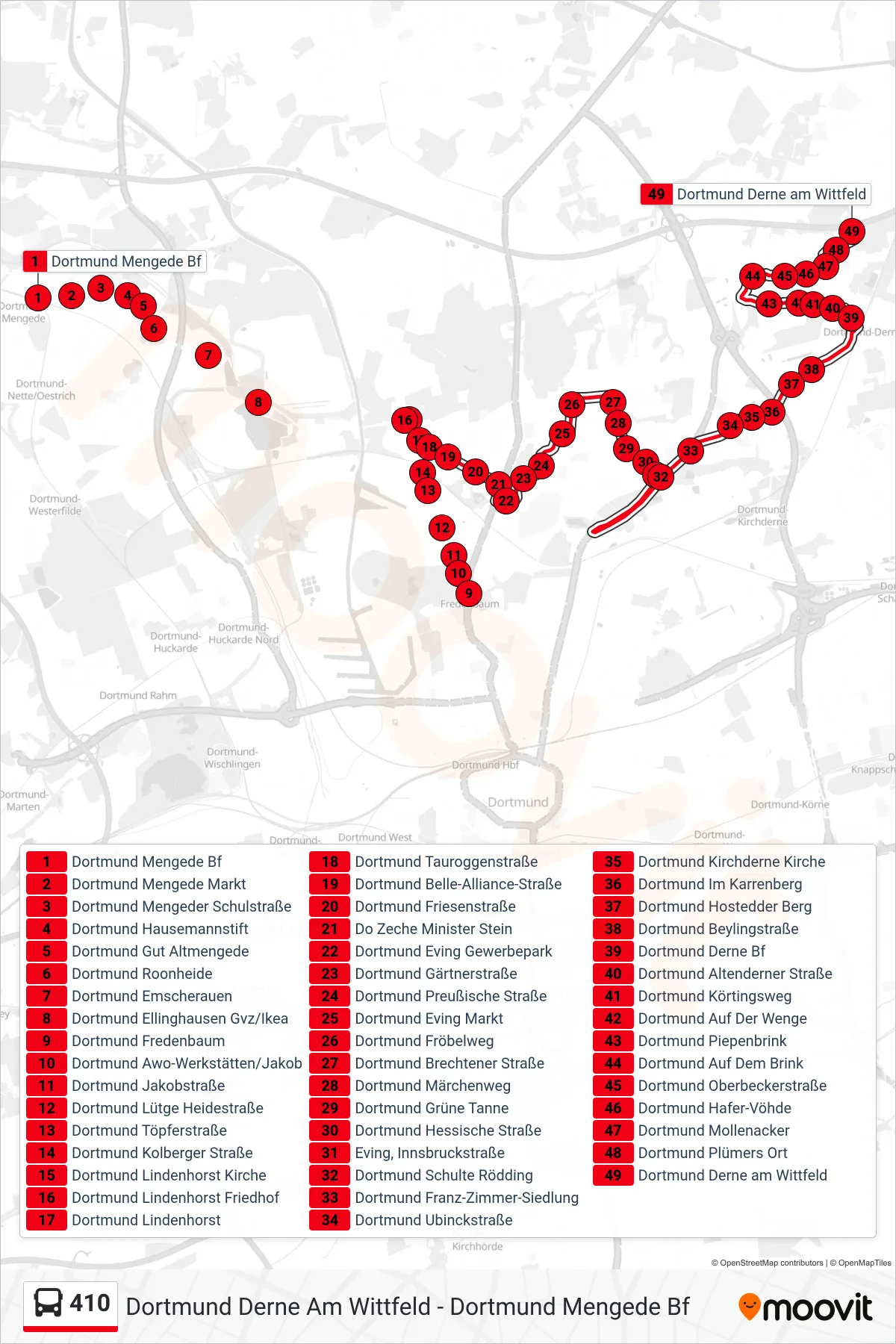410 bus Line (Dortmund  Derne am Wittfeld) route and stops on a map
