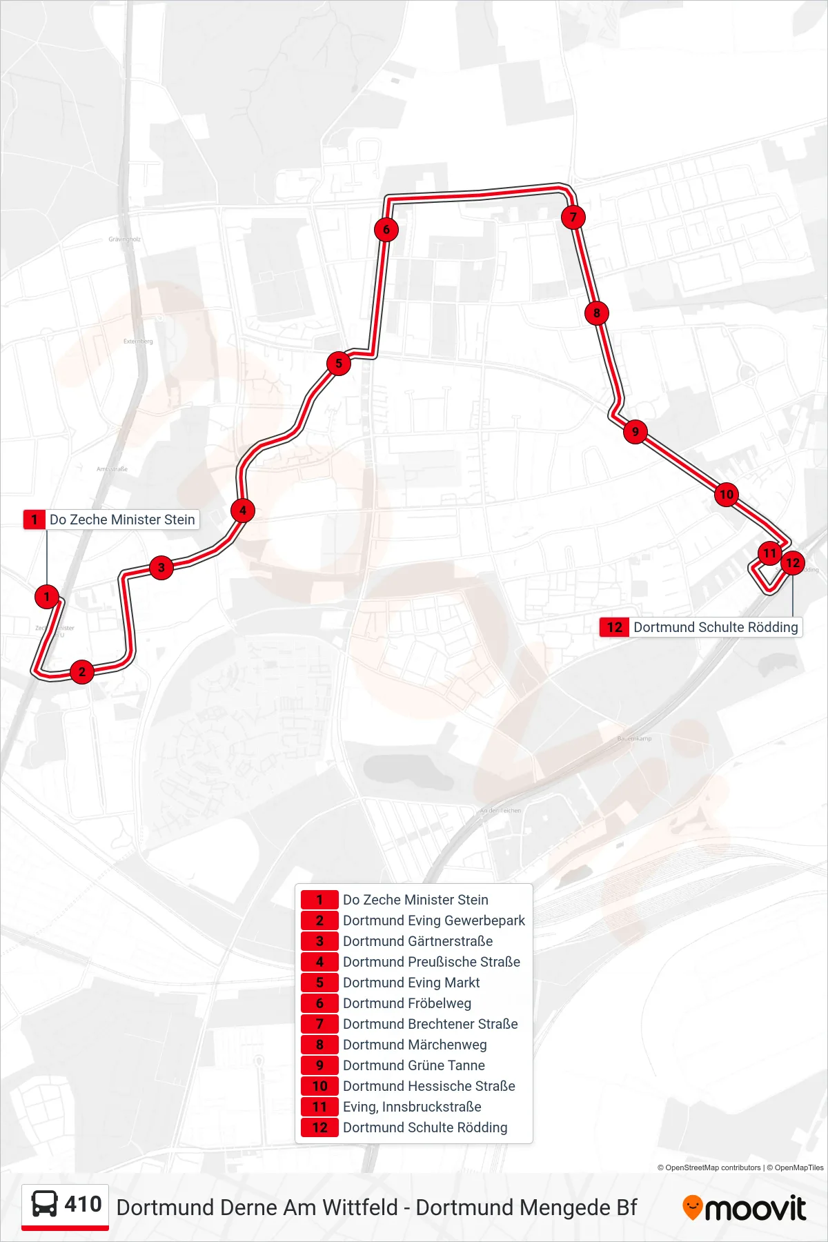 410 bus Line (Dortmund Schulte Rödding) route and stops on a map