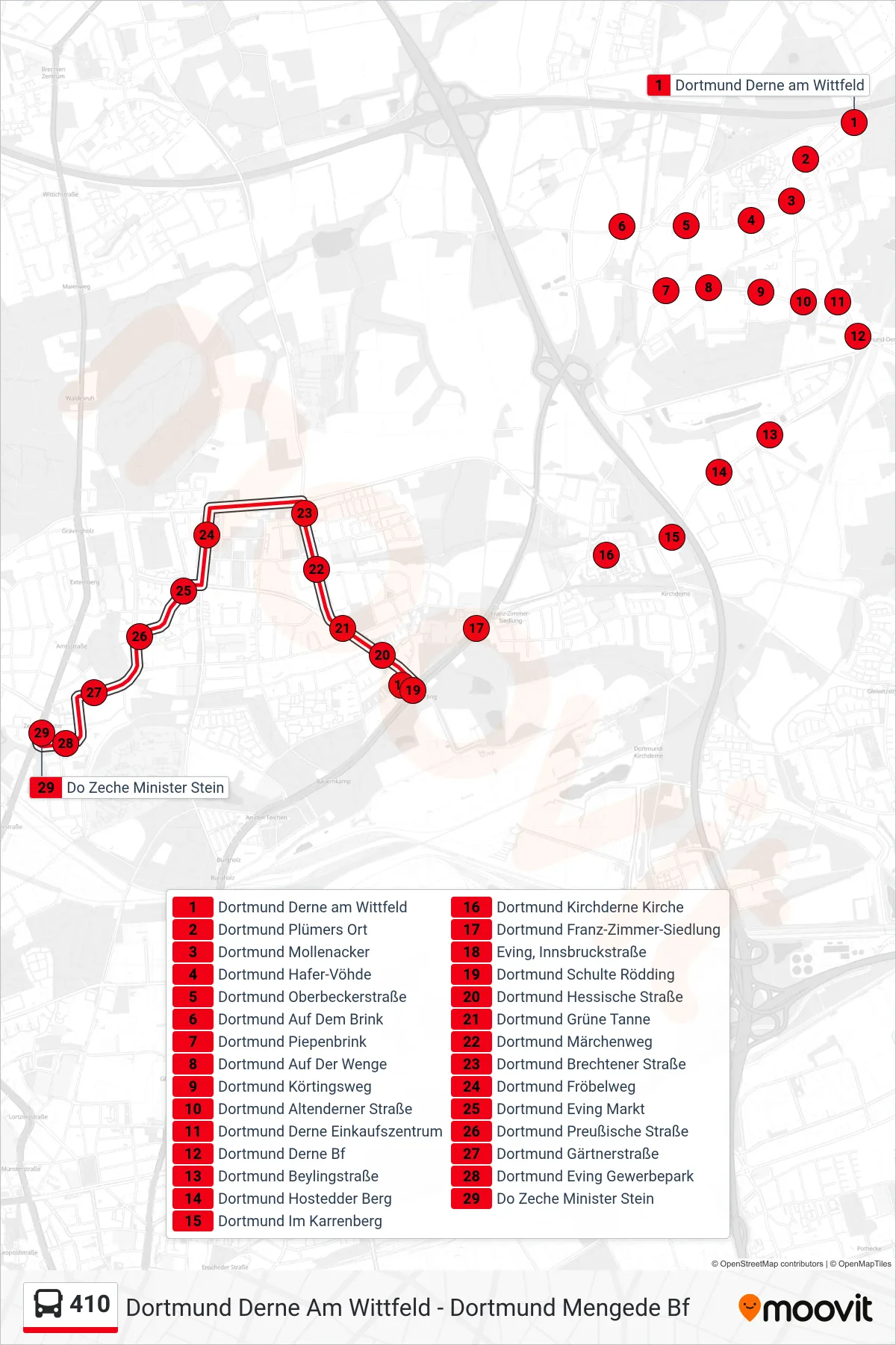 410 bus Line (Do Zeche Minister Stein) route and stops on a map