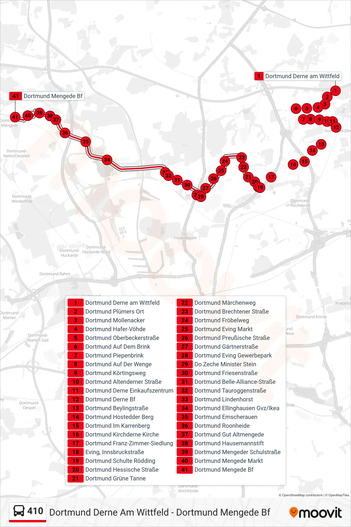 410 bus Line (Dortmund Mengede Bf) route and stops on a map