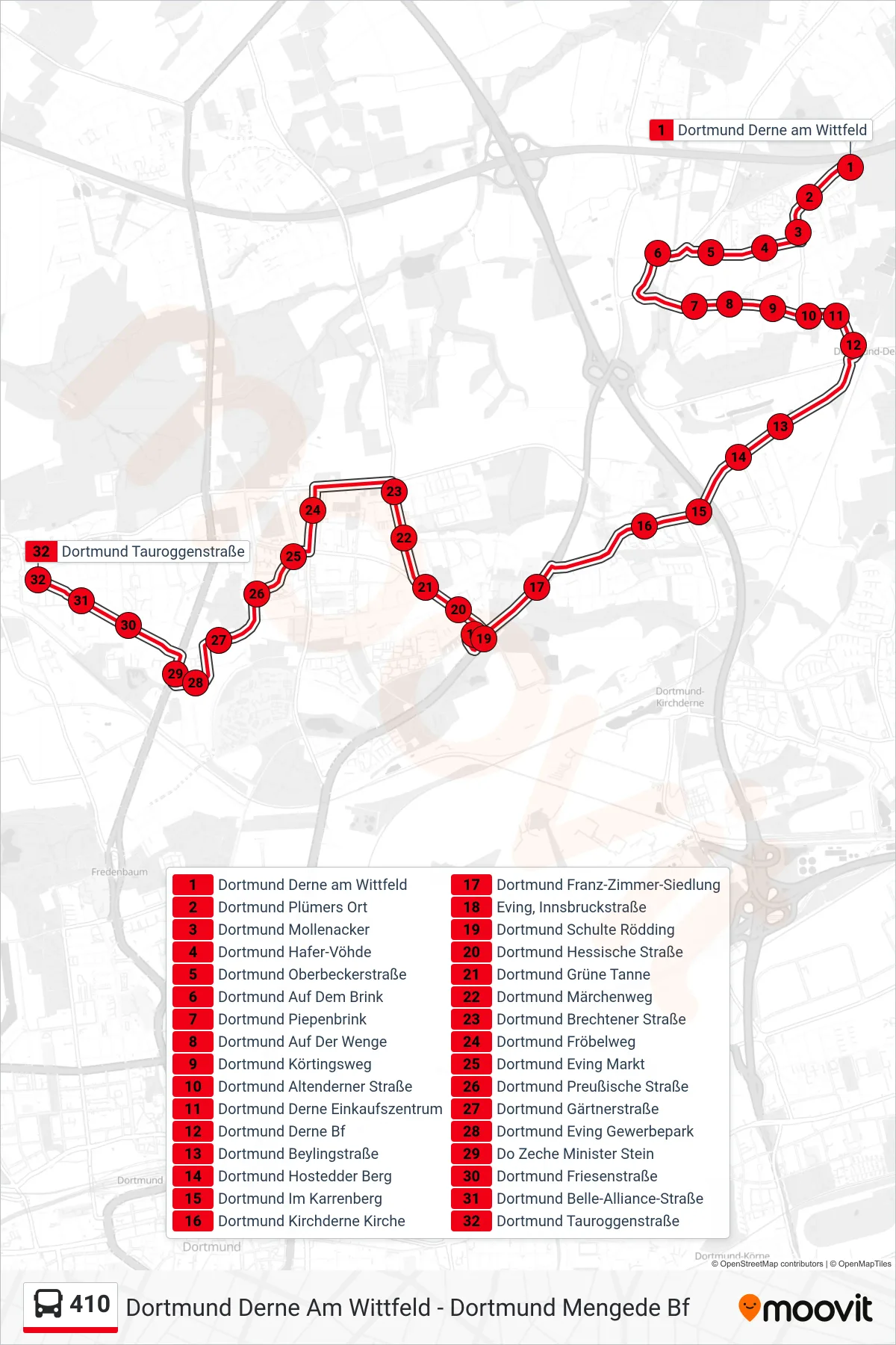 410 bus Line (Dortmund Tauroggenstraße) route and stops on a map