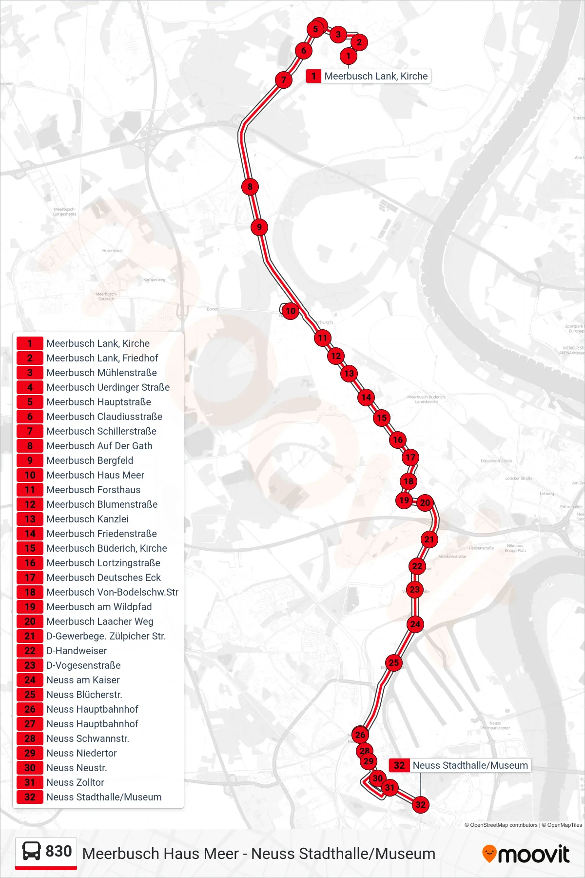 Linie 830 (Bus) Richtung Neuss Stadthalle/Museum: Route und Haltestellen auf der Karte
