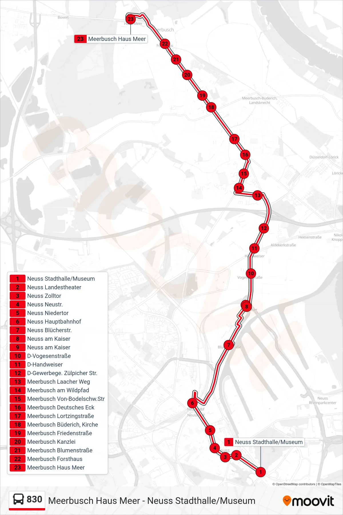 Linie 830 (Bus) Richtung Meerbusch Haus Meer: Route und Haltestellen auf der Karte