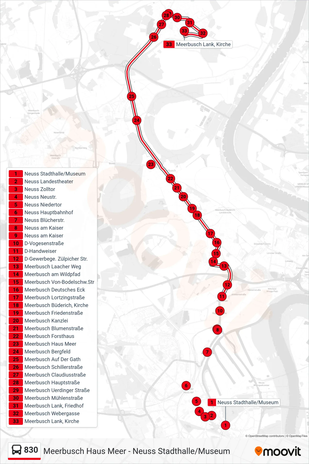 Linie 830 (Bus) Richtung Meerbusch Lank, Kirche: Route und Haltestellen auf der Karte