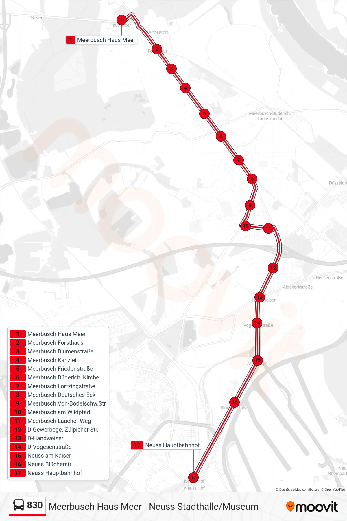 Linie 830 (Bus) Richtung Neuss Hauptbahnhof: Route und Haltestellen auf der Karte