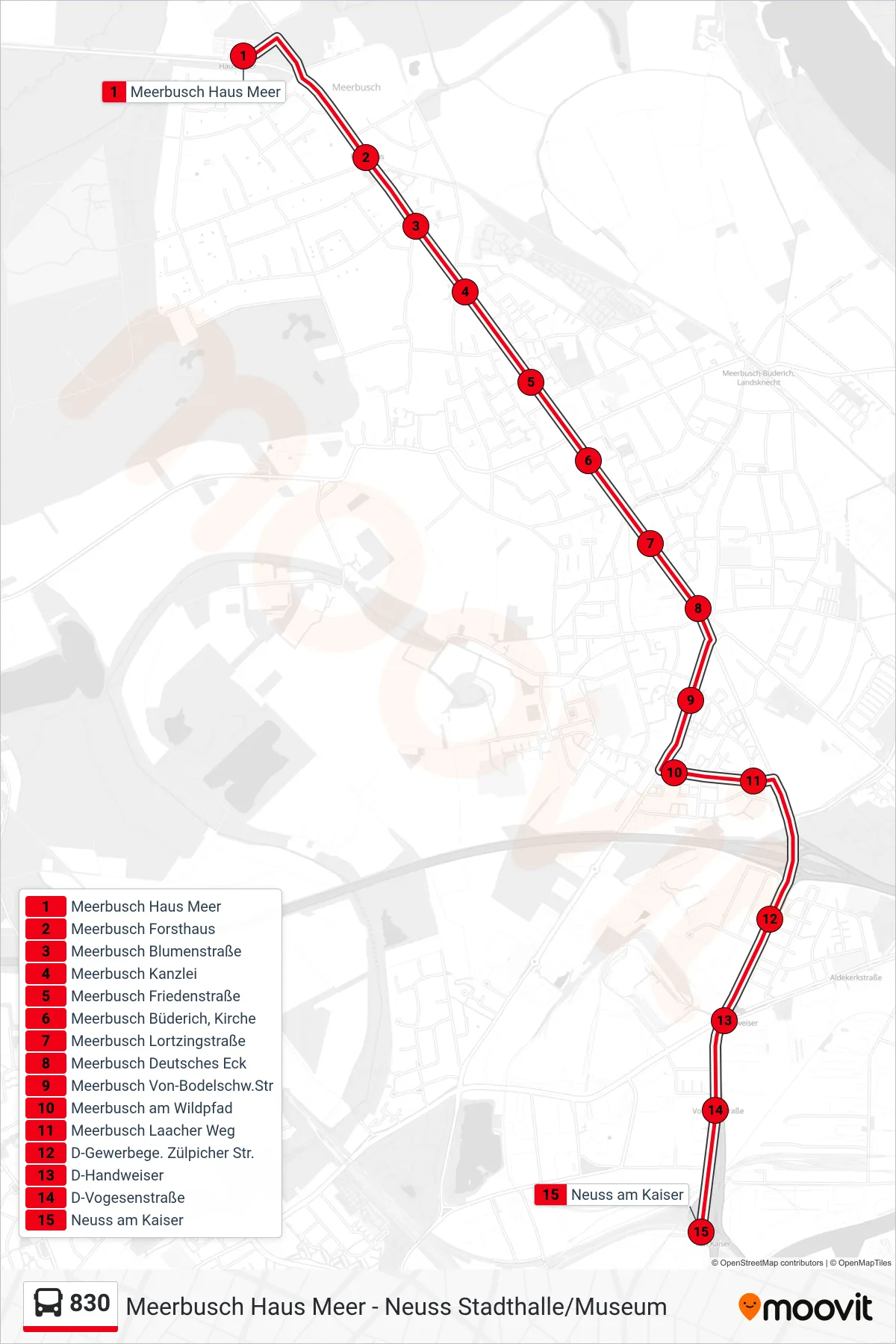 Linie 830 (Bus) Richtung Neuss am Kaiser: Route und Haltestellen auf der Karte