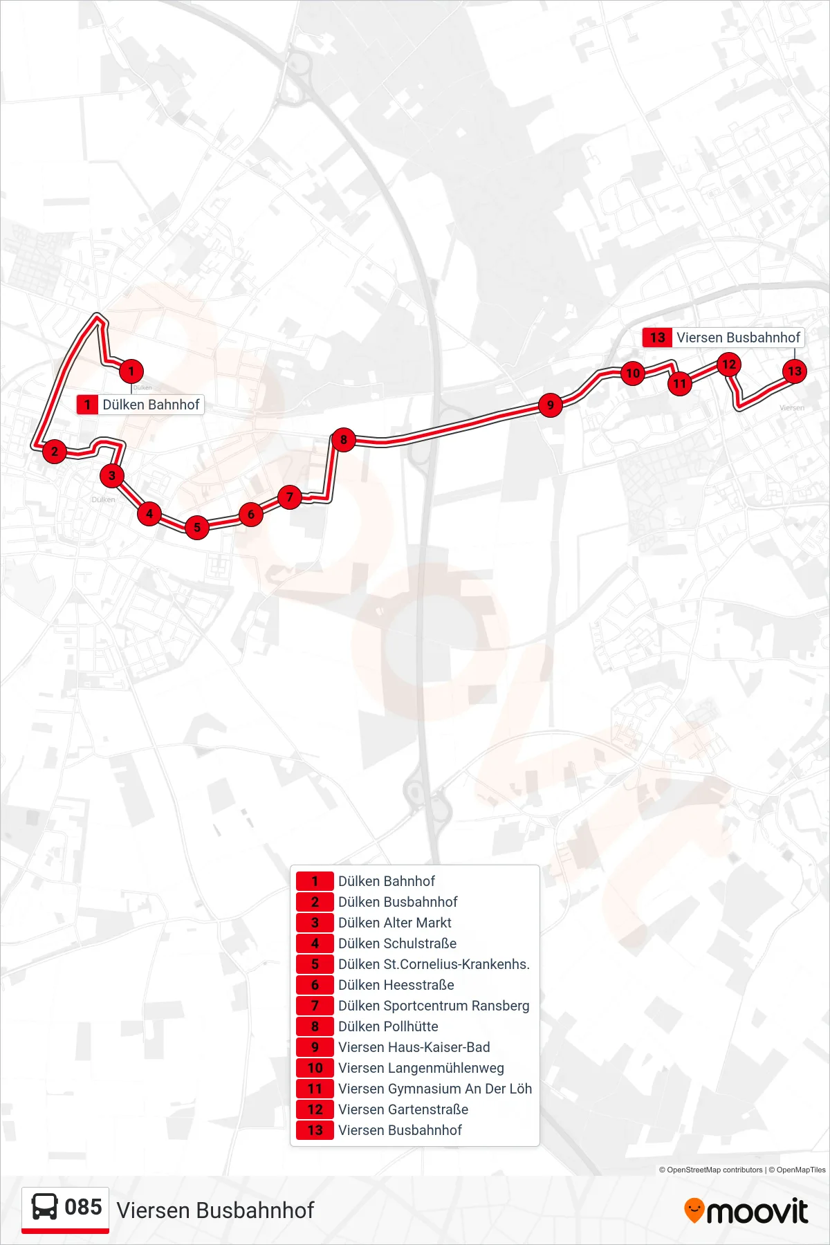 085 bus Line (Viersen Busbahnhof) route and stops on a map