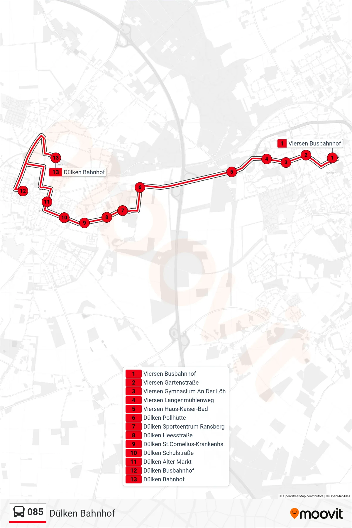 Linie 085 (Bus) Richtung Dülken Bahnhof: Route und Haltestellen auf der Karte