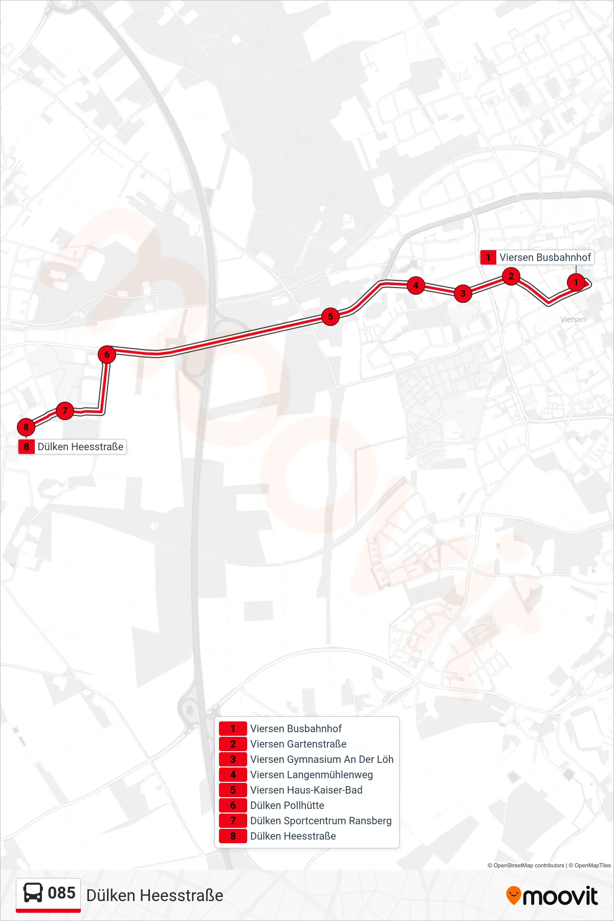 085 bus Line (Dülken Heesstraße) route and stops on a map