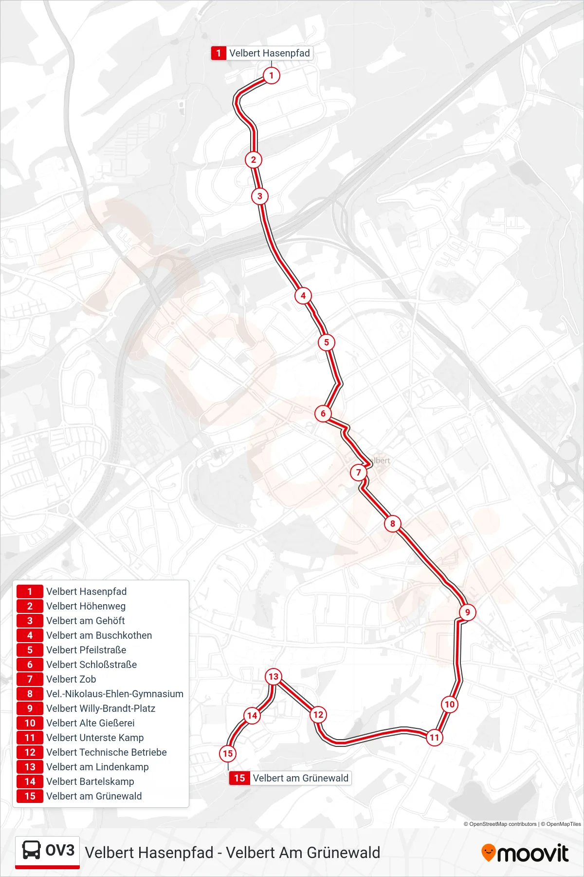 Linie OV3 (Bus) Richtung Velbert am Grünewald: Route und Haltestellen auf der Karte