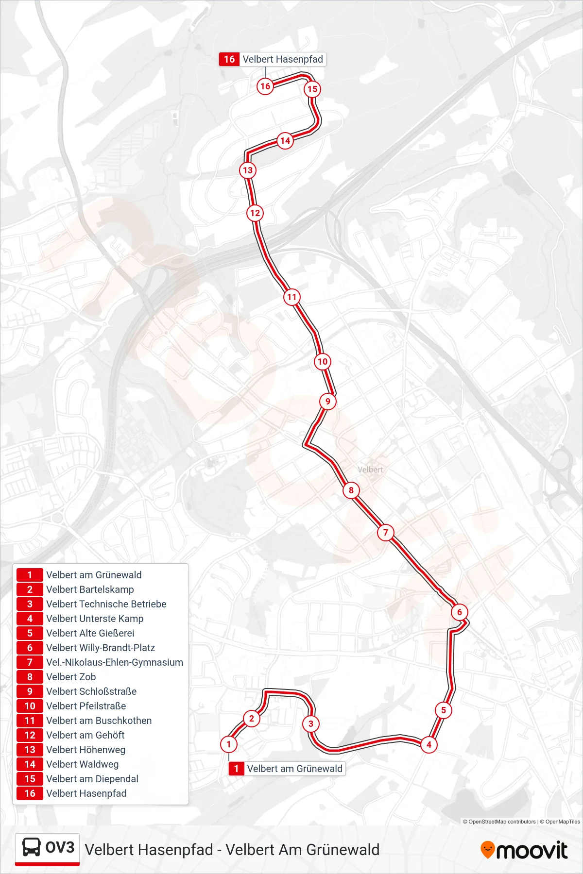 Linie OV3 (Bus) Richtung Velbert Hasenpfad: Route und Haltestellen auf der Karte