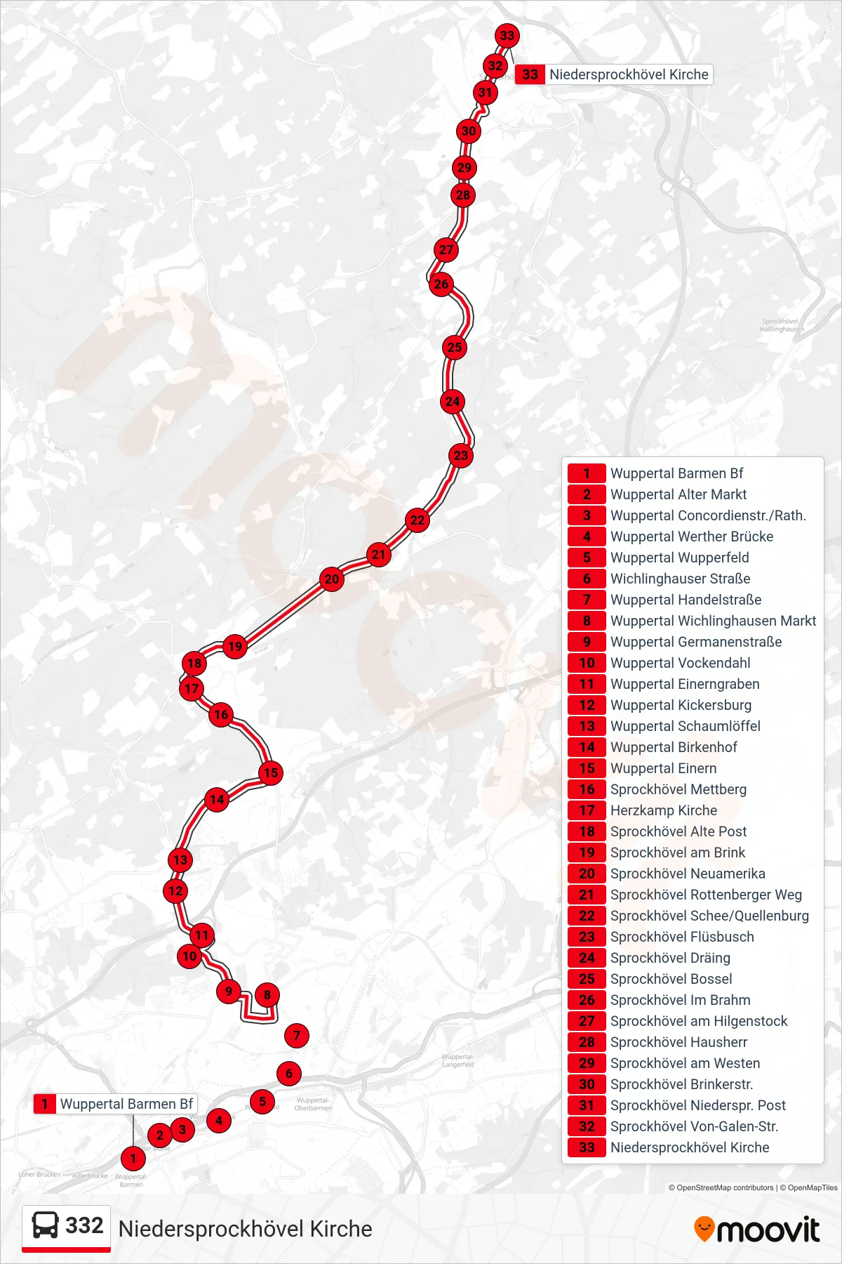 332 bus Line (Niedersprockhövel Kirche) route and stops on a map