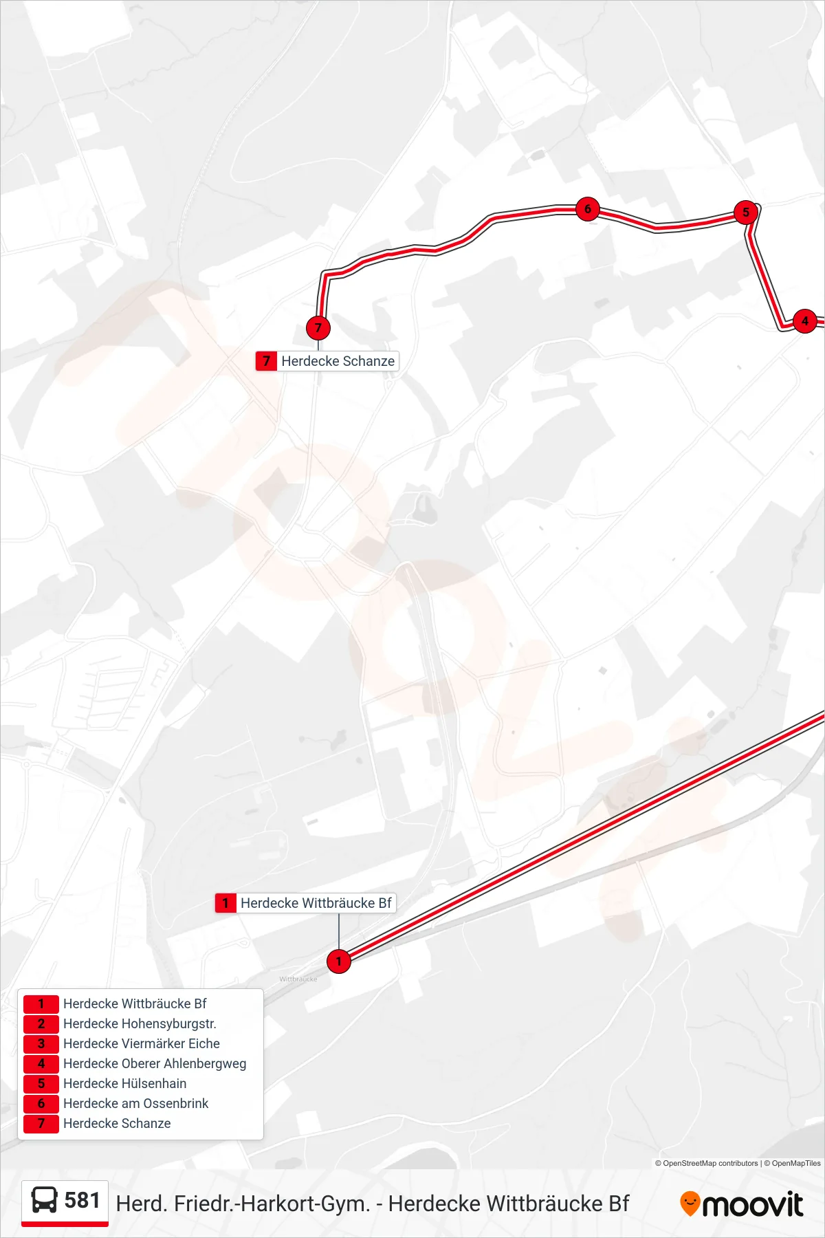 581 bus Line (Herdecke Schanze) route and stops on a map