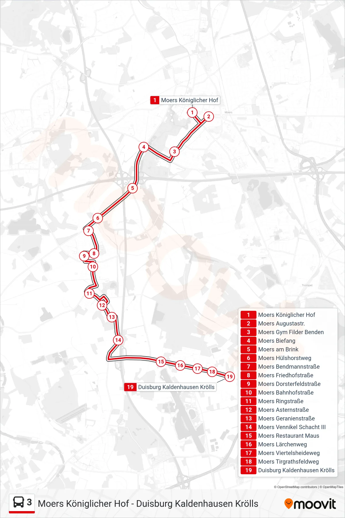 Linie 3 (Bus) Richtung Duisburg Kaldenhausen Krölls: Route und Haltestellen auf der Karte