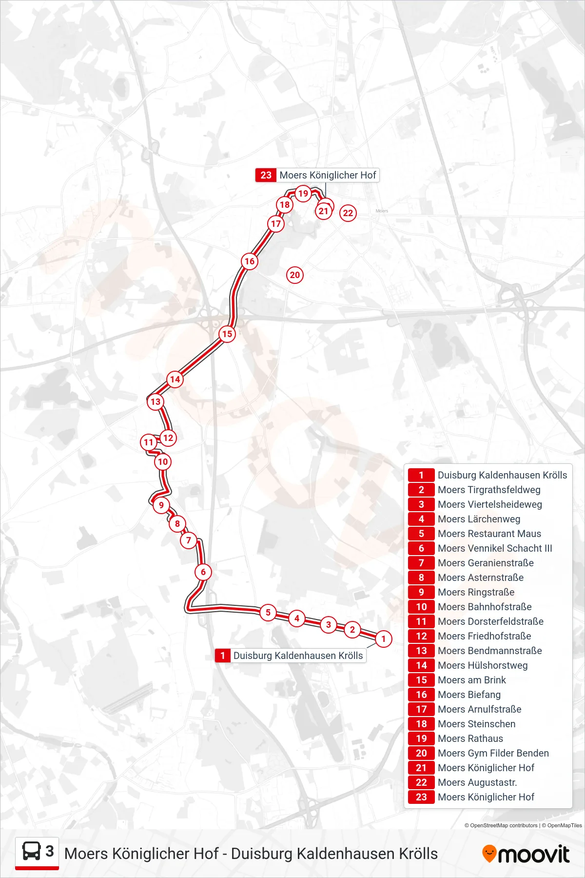 Linie 3 (Bus) Richtung Moers Königlicher Hof: Route und Haltestellen auf der Karte