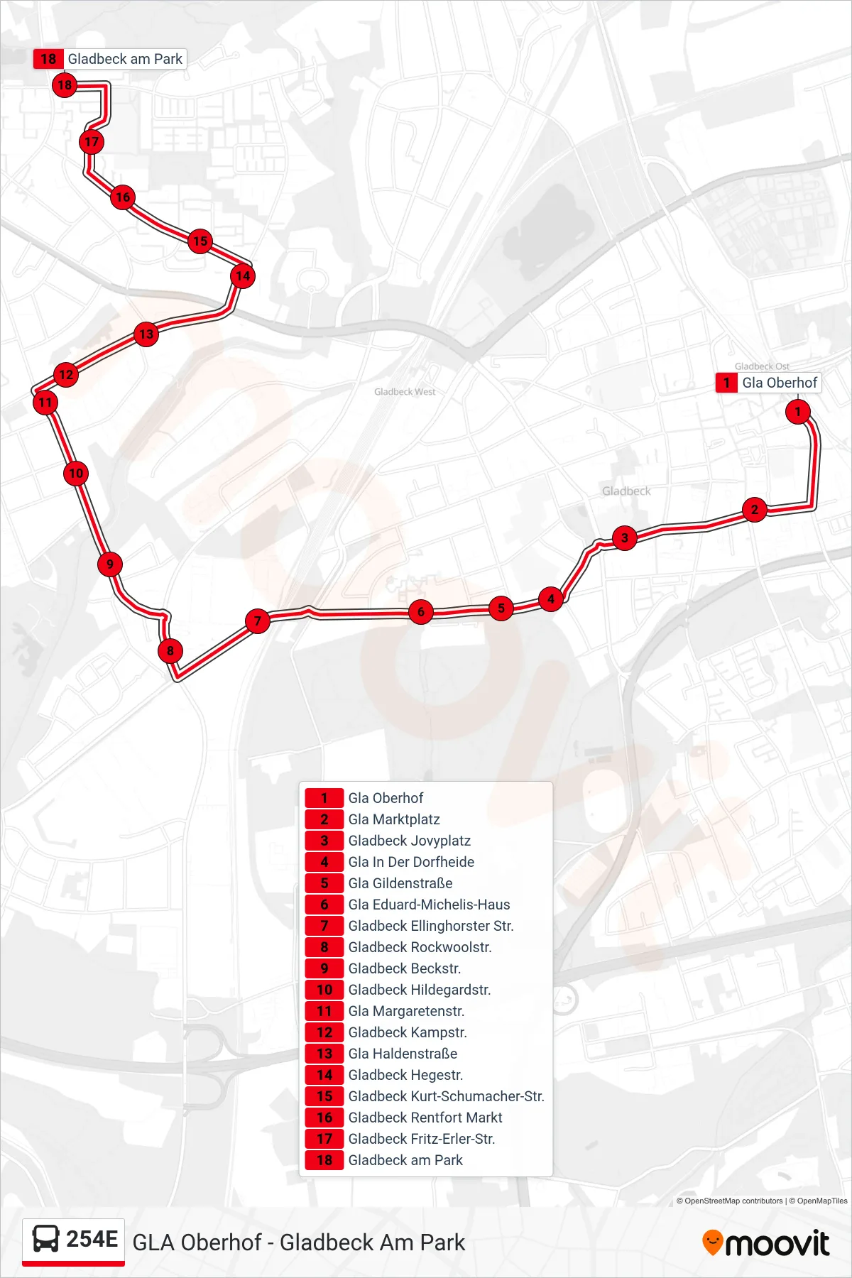 Linie 254E (Bus) Richtung Gladbeck am Park: Route und Haltestellen auf der Karte