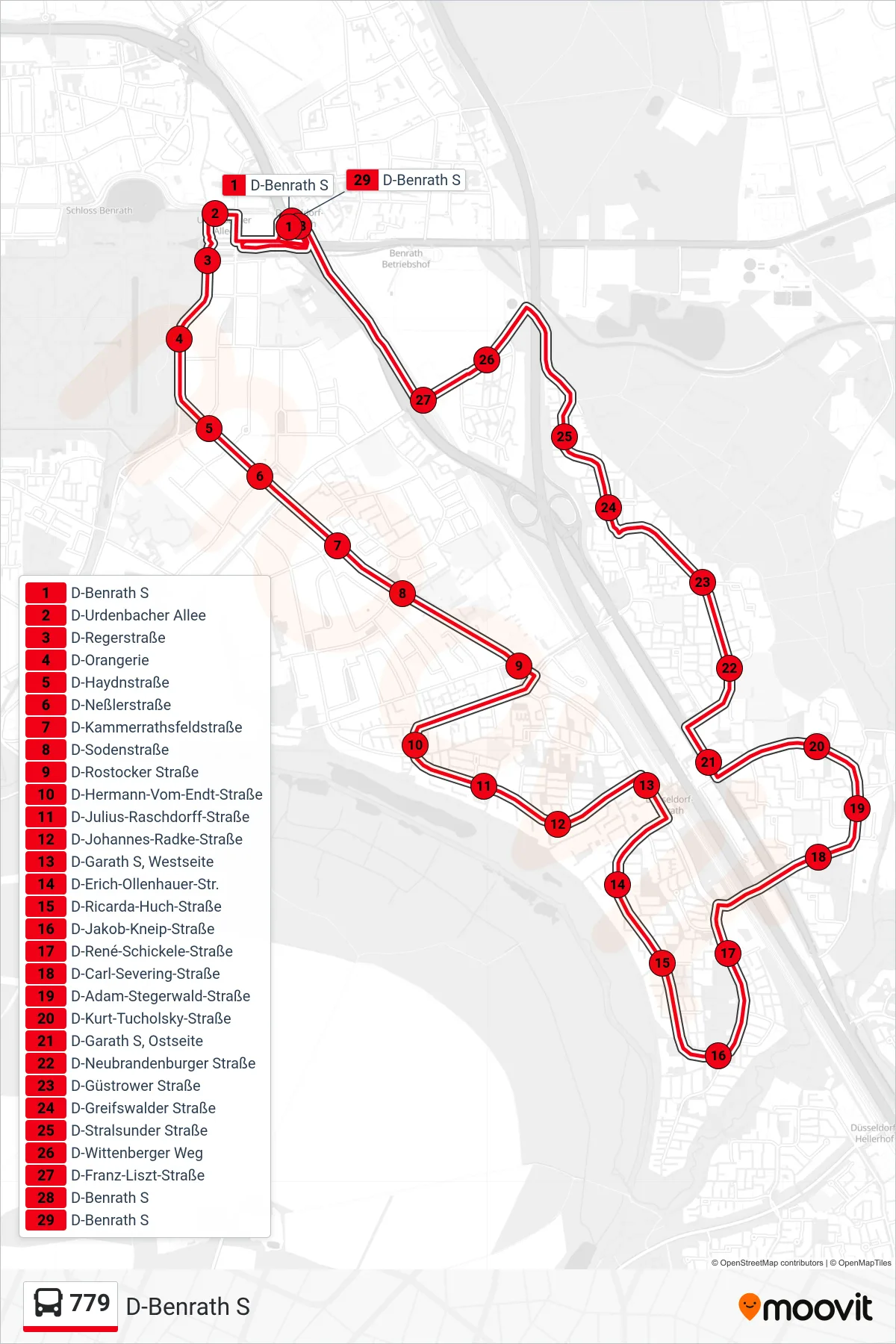 Linie 779 (Bus) Richtung D-Benrath S: Route und Haltestellen auf der Karte