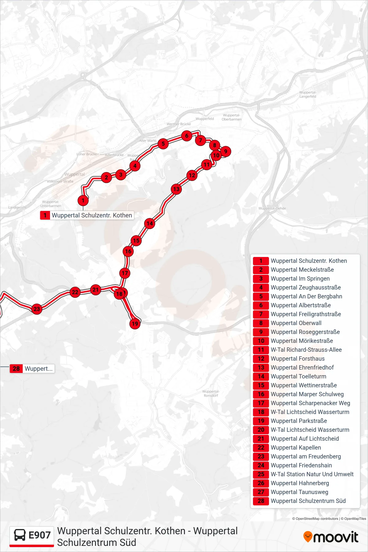 Linie E907 (Bus) Richtung Wuppertal Schulzentrum Süd: Route und Haltestellen auf der Karte