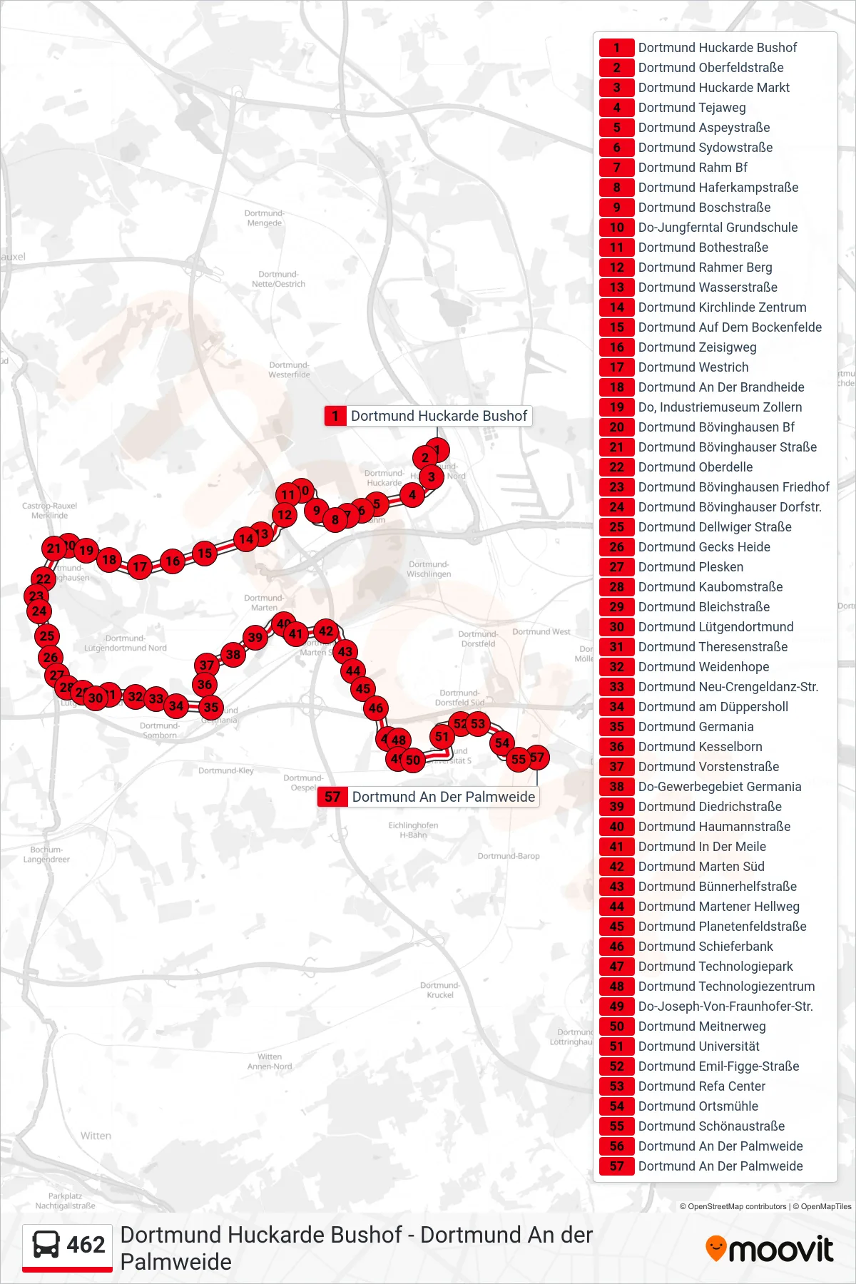 Linie 462 (Bus) Richtung Dortmund An Der Palmweide: Route und Haltestellen auf der Karte