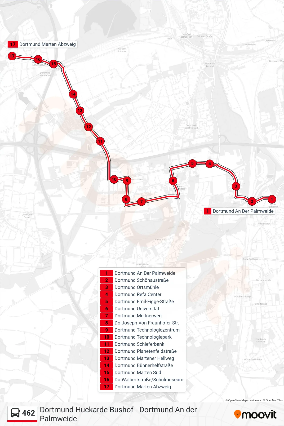 462 bus Line (Dortmund Marten Abzweig) route and stops on a map