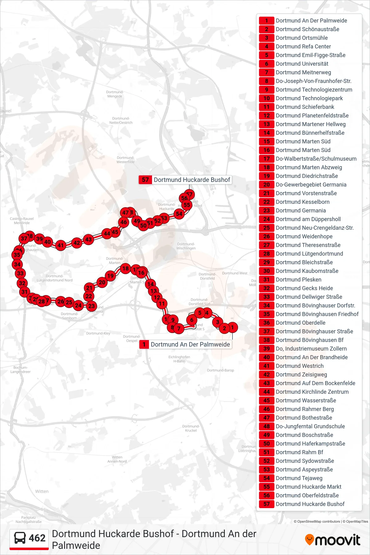 462 bus Line (Dortmund Huckarde Bushof) route and stops on a map