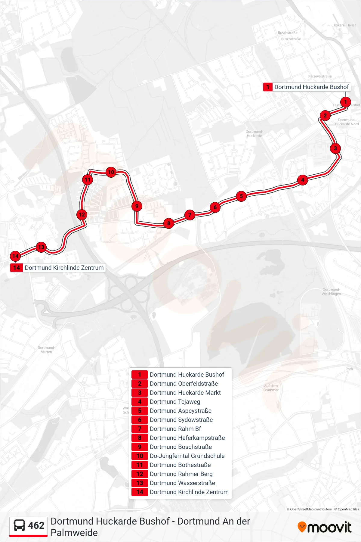 462 bus Line (Dortmund Kirchlinde Zentrum) route and stops on a map