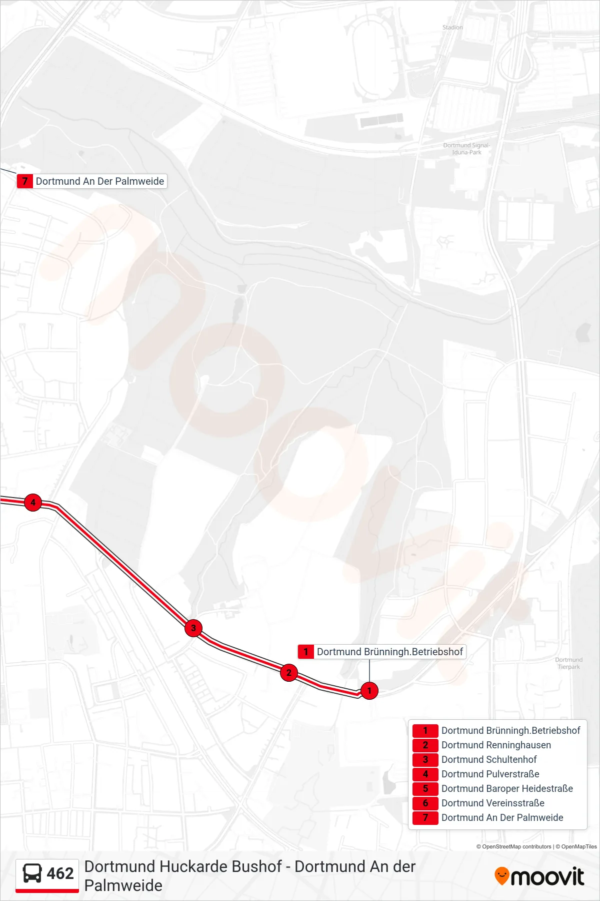 462 bus Line (Dortmund An Der Palmweide) route and stops on a map