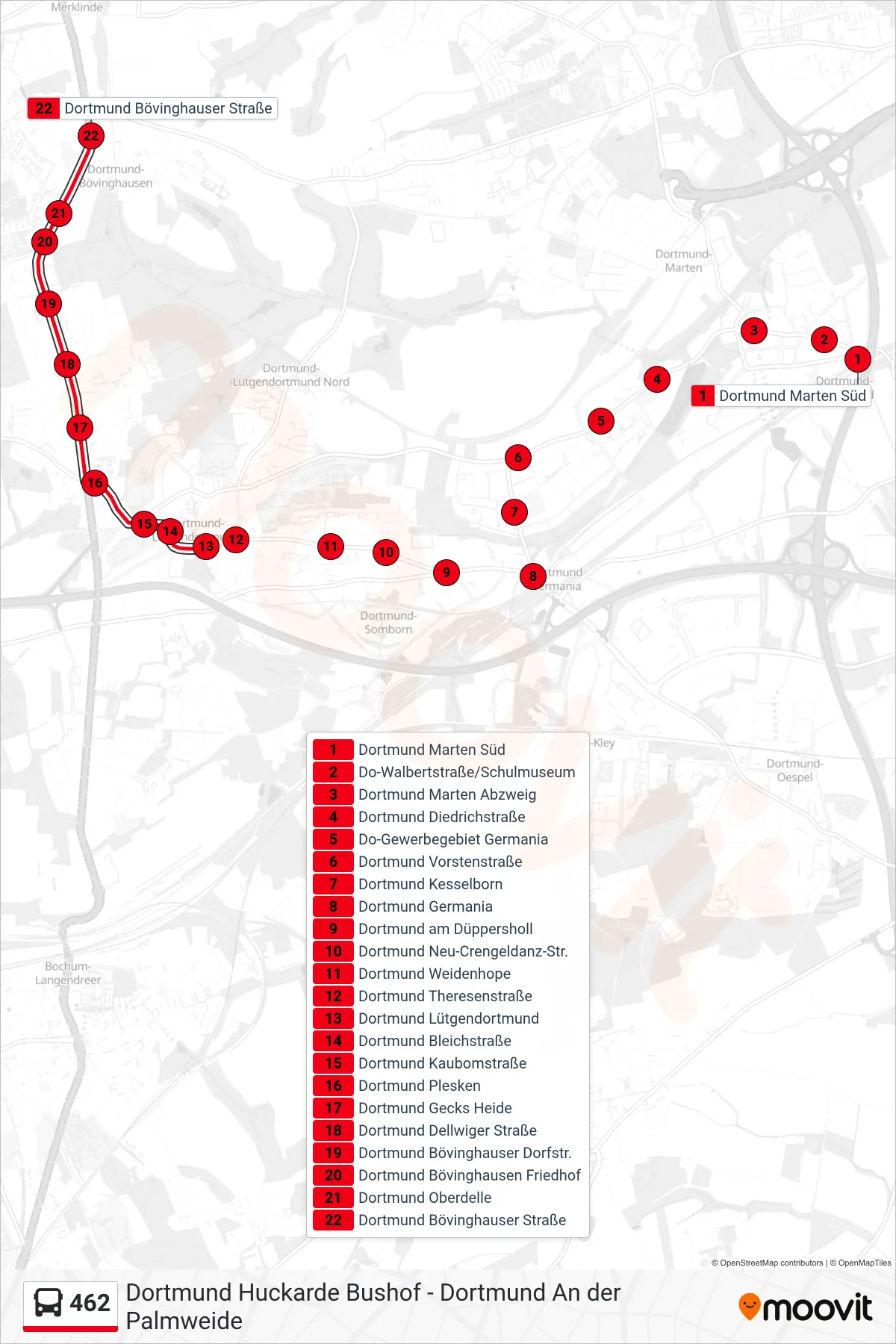 462 bus Line (Dortmund Bövinghauser Straße) route and stops on a map