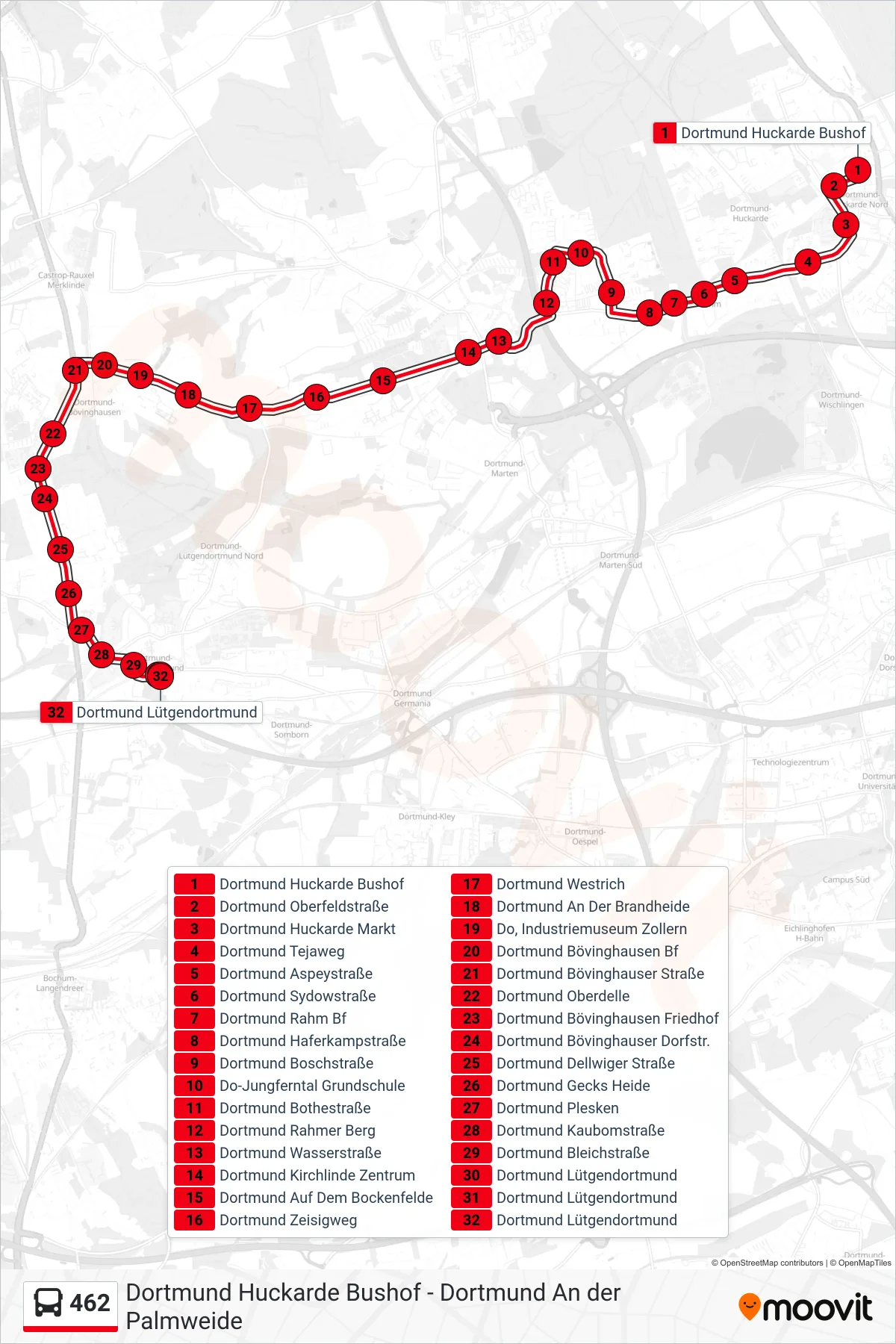 Linie 462 (Bus) Richtung Dortmund Lütgendortmund: Route und Haltestellen auf der Karte