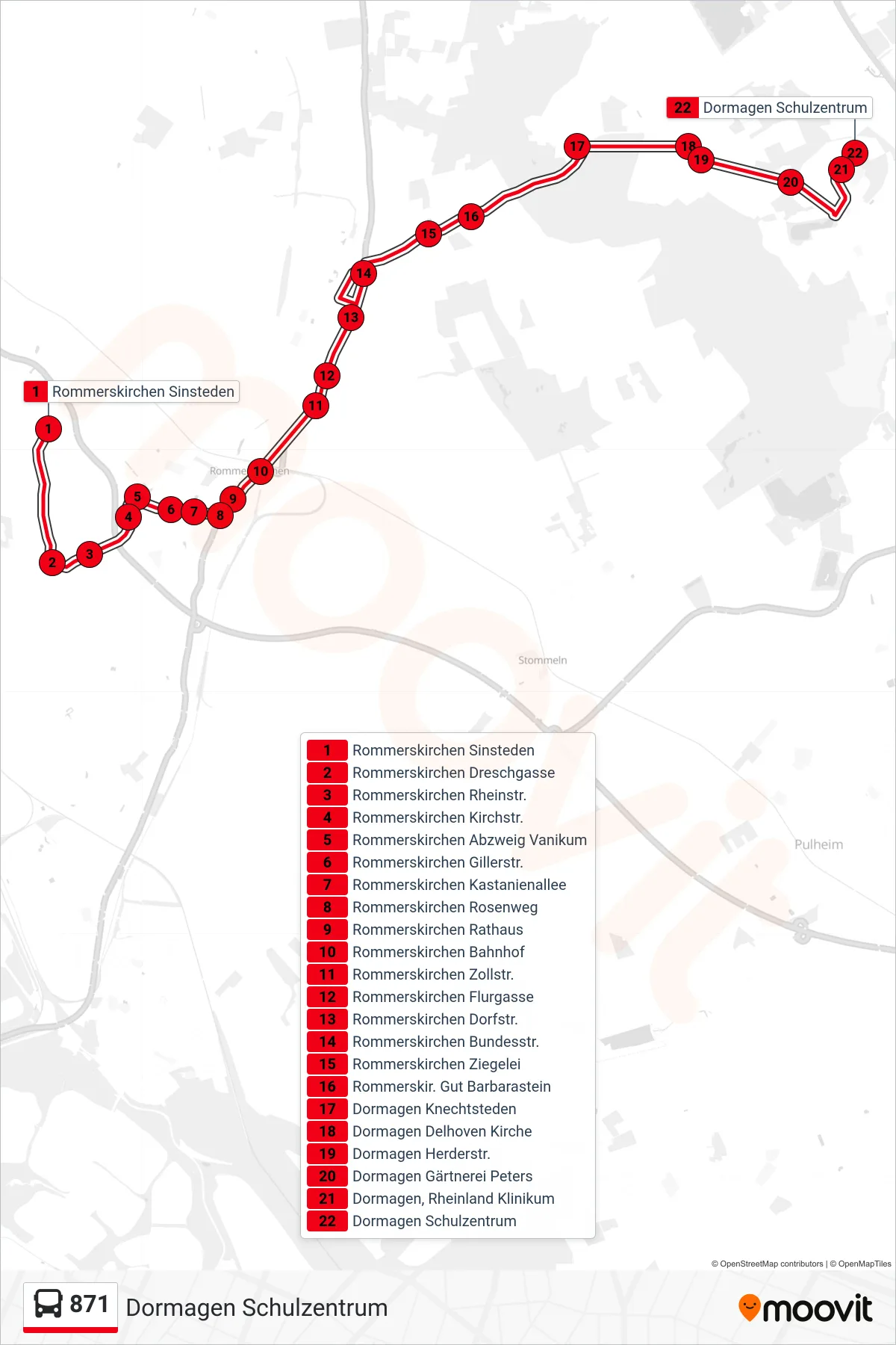 Linie 871 (Bus) Richtung Dormagen Schulzentrum: Route und Haltestellen auf der Karte