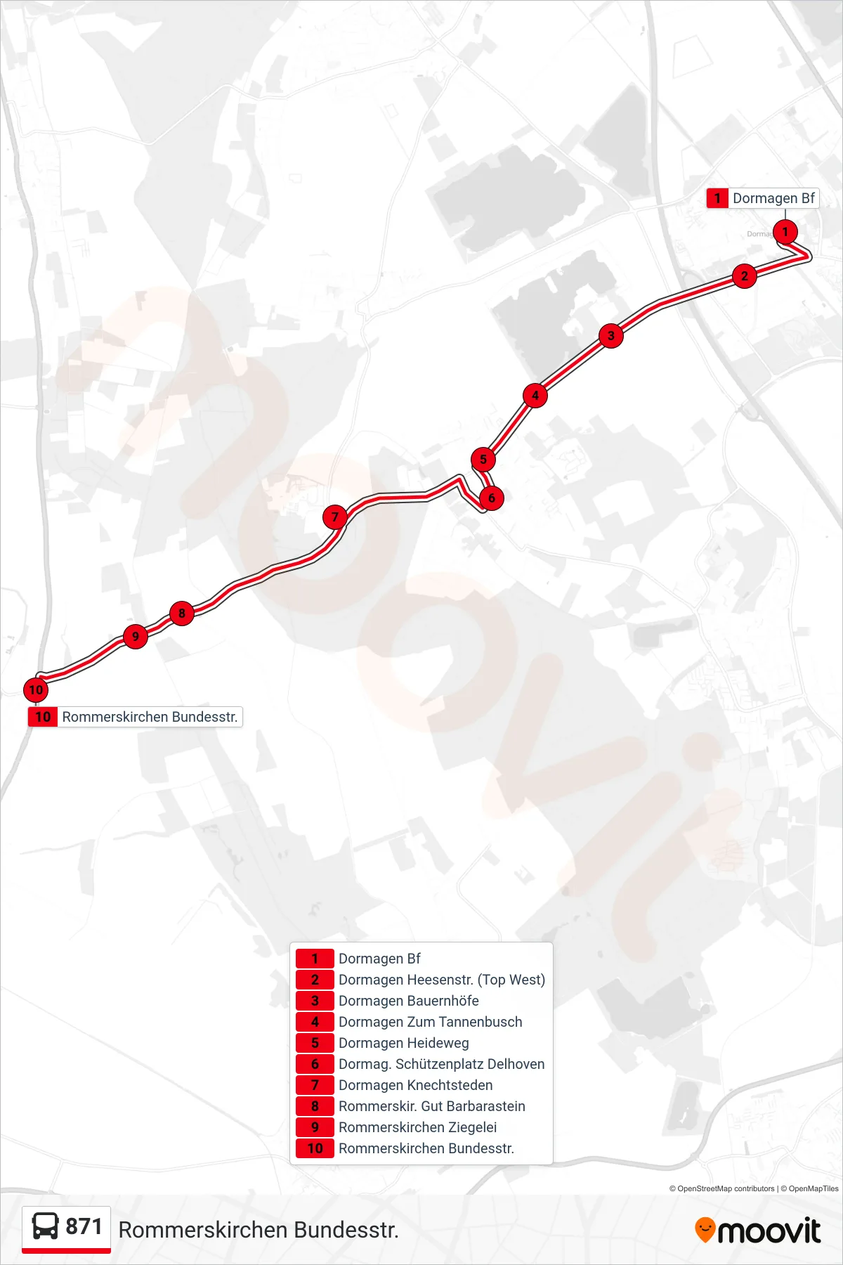 Linie 871 (Bus) Richtung Rommerskirchen Bundesstr.: Route und Haltestellen auf der Karte