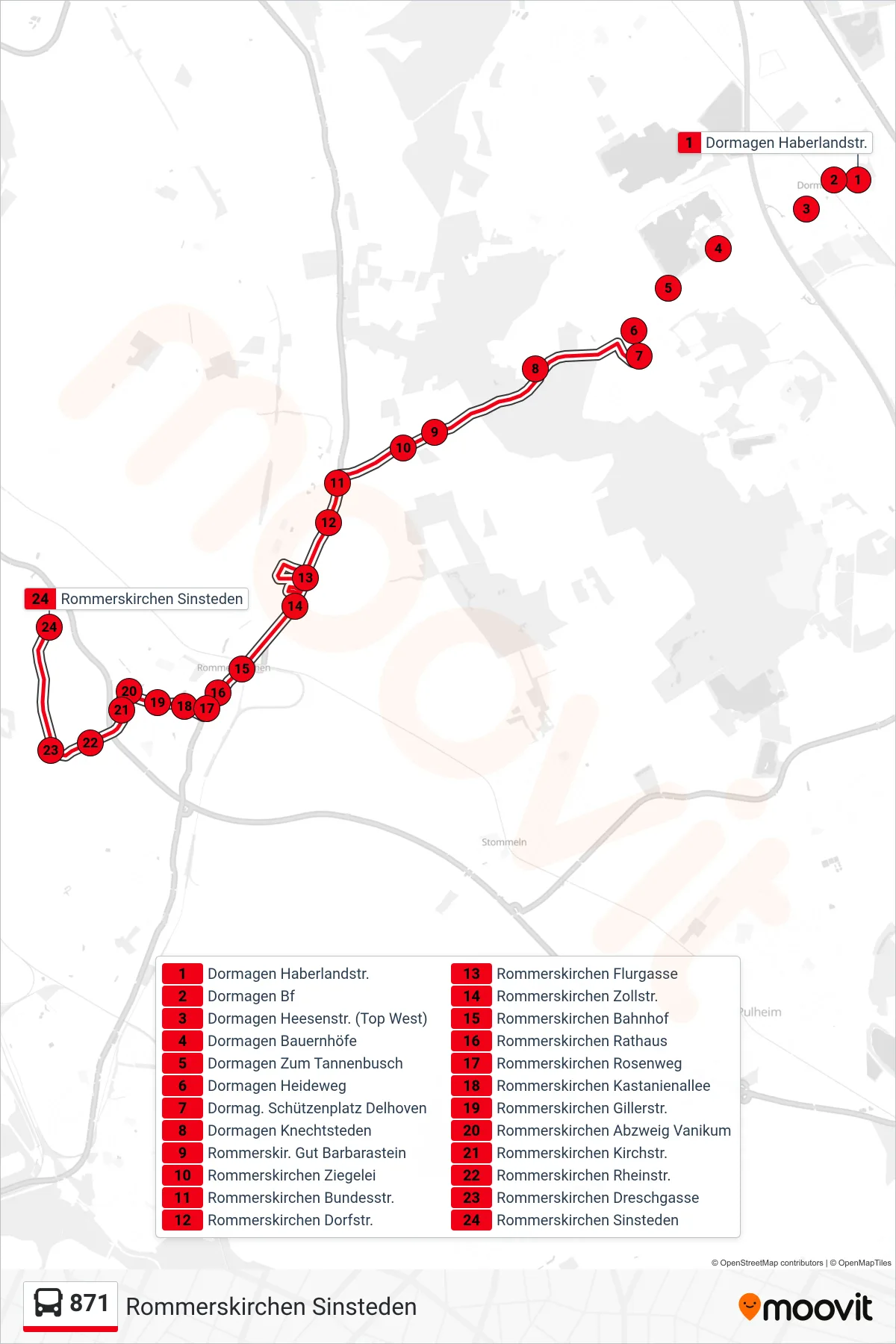 871 bus Line (Rommerskirchen Sinsteden) route and stops on a map