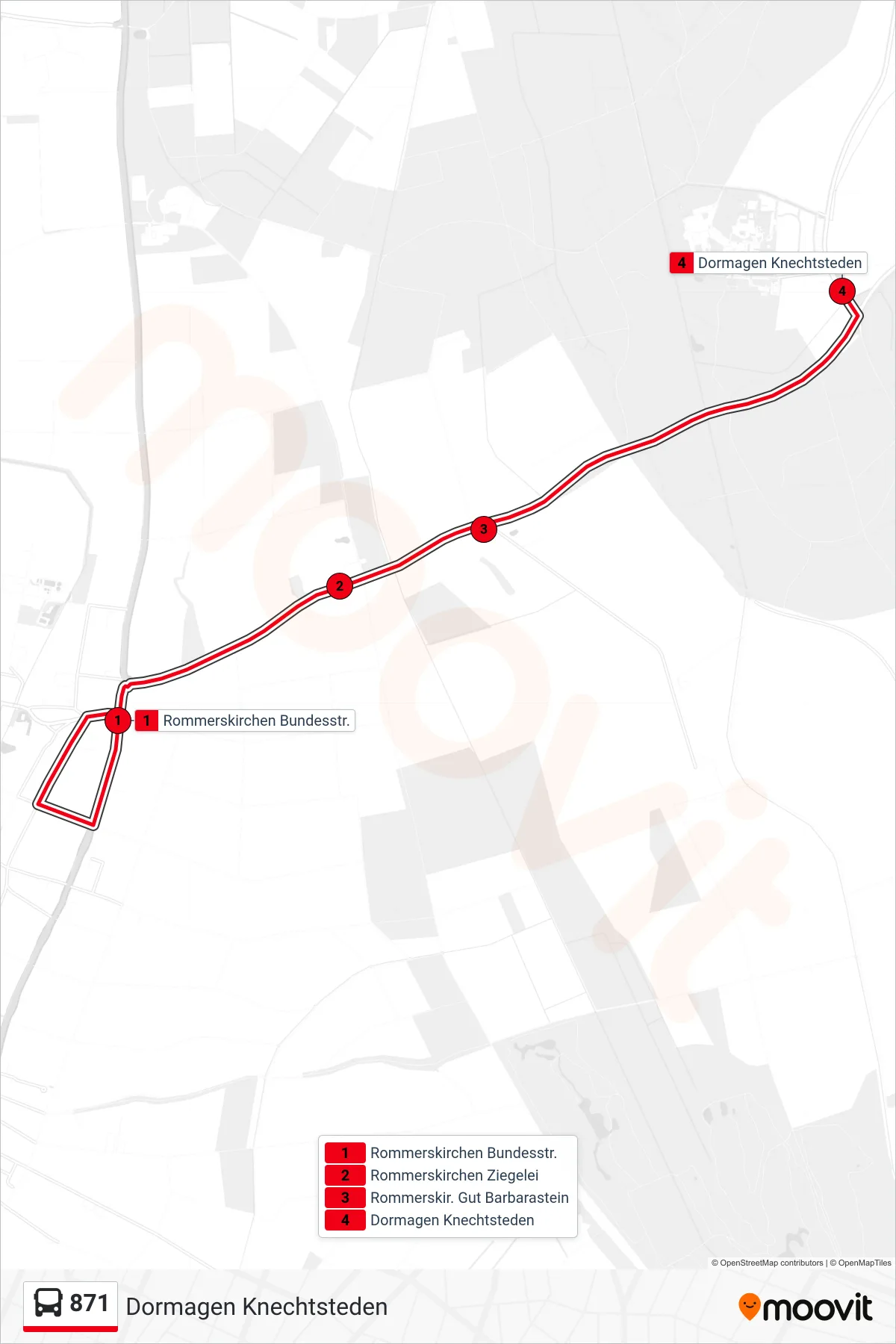Linie 871 (Bus) Richtung Dormagen Knechtsteden: Route und Haltestellen auf der Karte