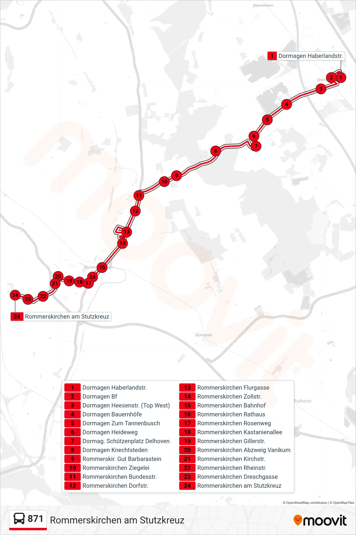 Linie 871 (Bus) Richtung Rommerskirchen am Stutzkreuz: Route und Haltestellen auf der Karte