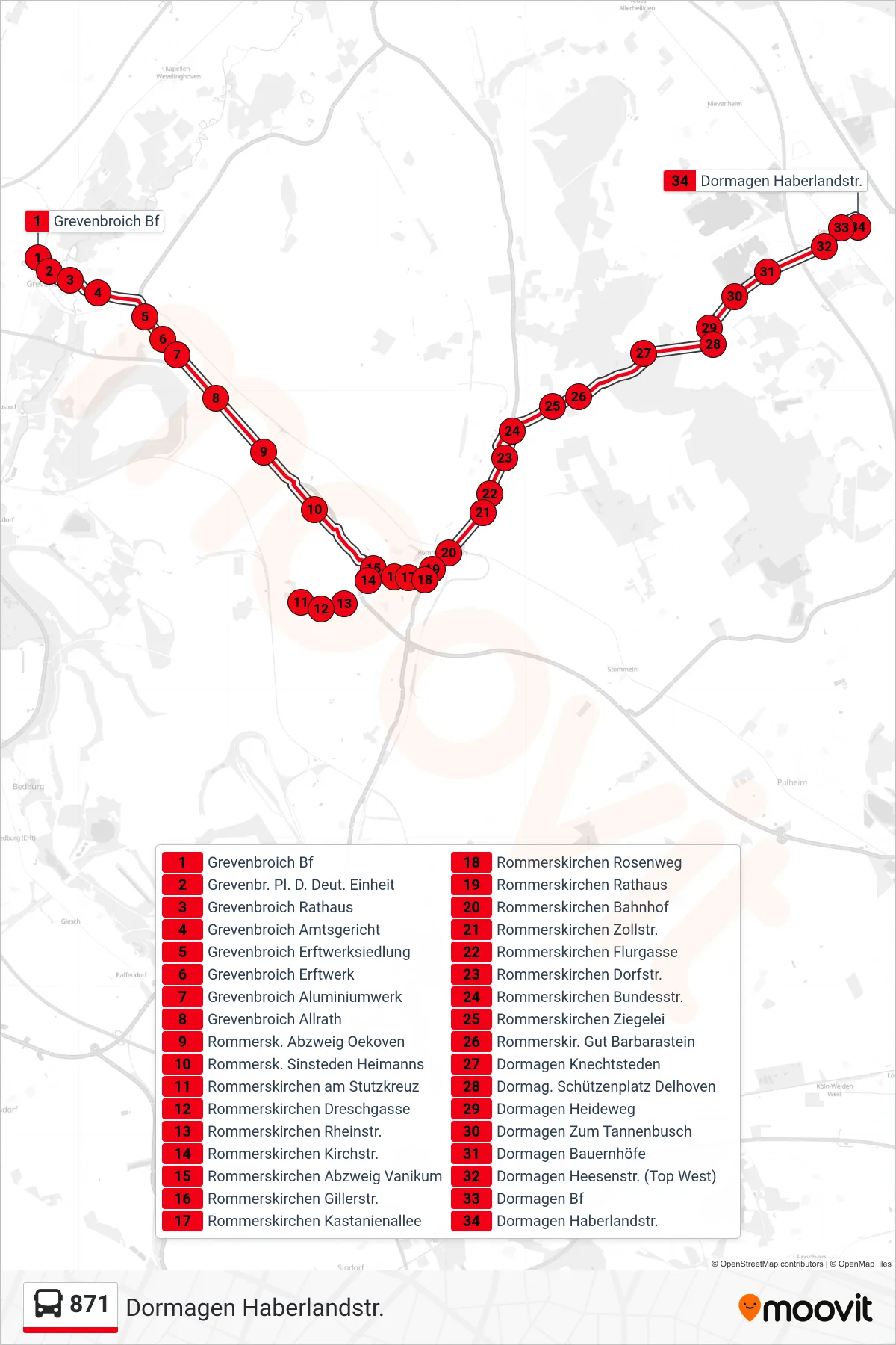 871 bus Line (Dormagen Haberlandstr.) route and stops on a map