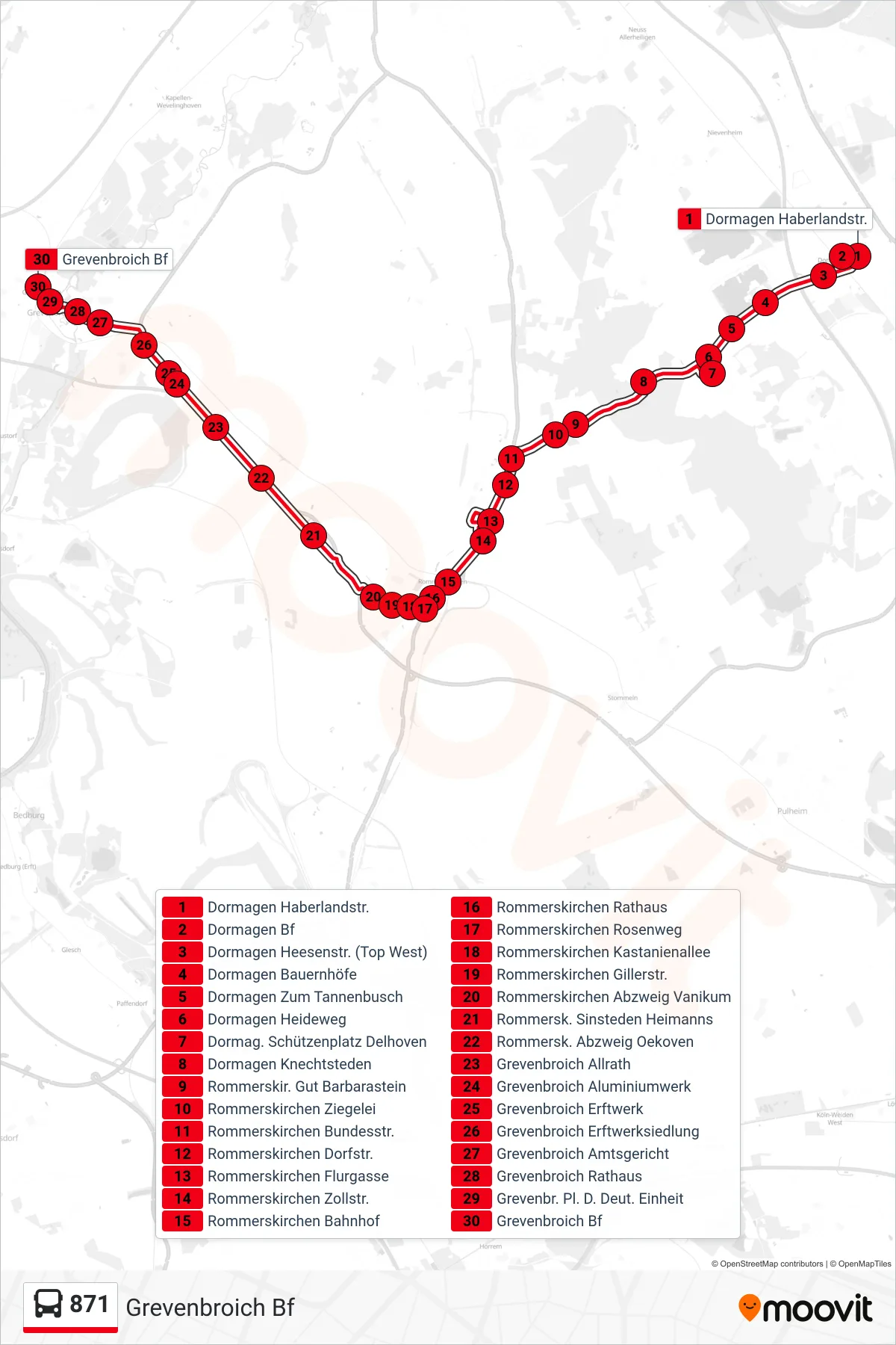 871 bus Line (Grevenbroich Bf) route and stops on a map