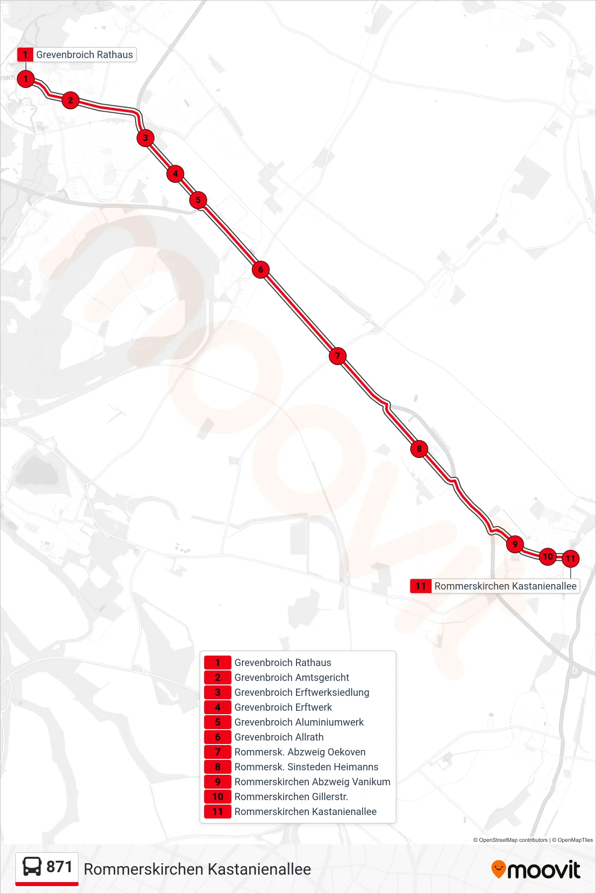 Linie 871 (Bus) Richtung Rommerskirchen Kastanienallee: Route und Haltestellen auf der Karte
