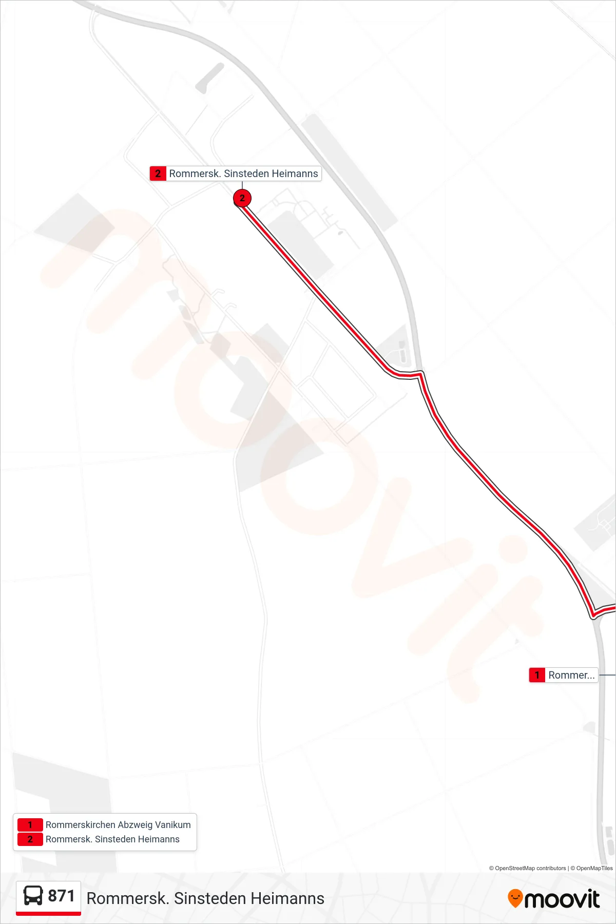 871 bus Line (Rommersk. Sinsteden Heimanns) route and stops on a map
