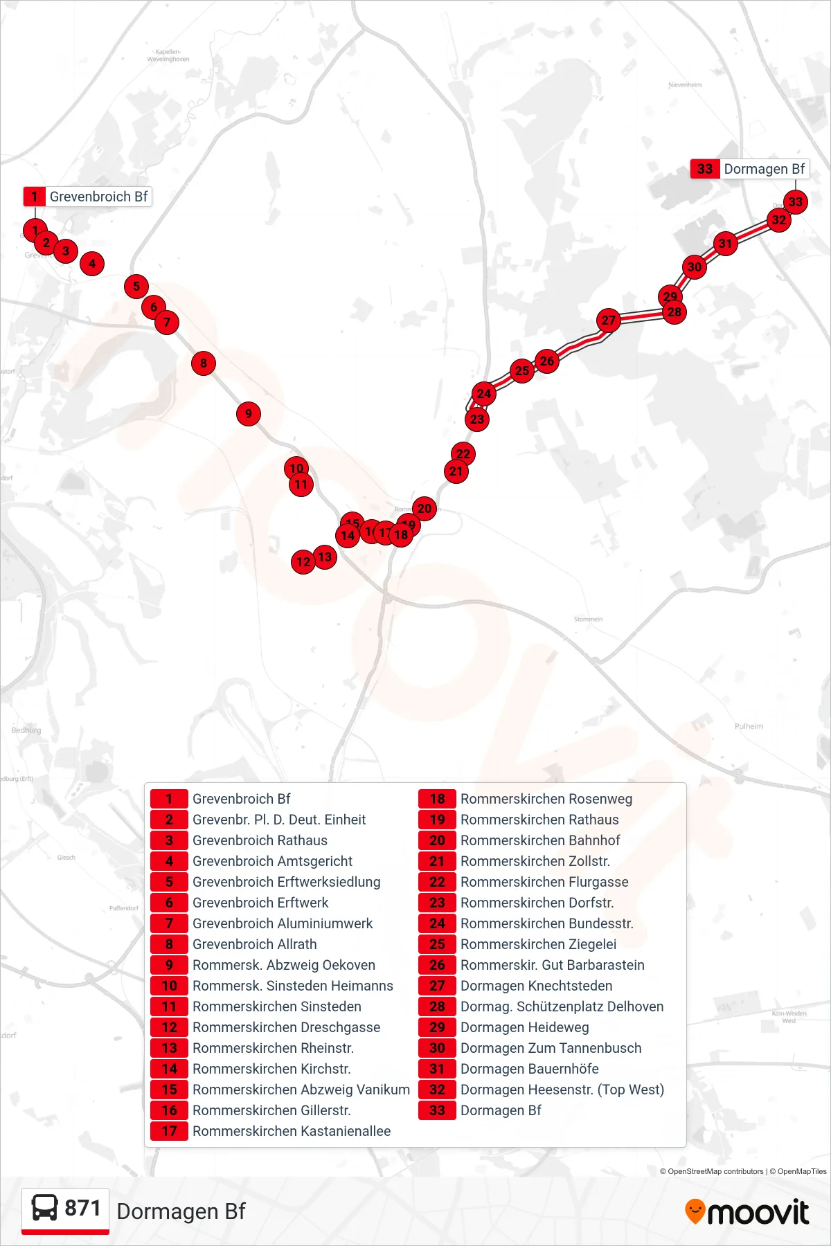 871 bus Line (Dormagen Bf) route and stops on a map