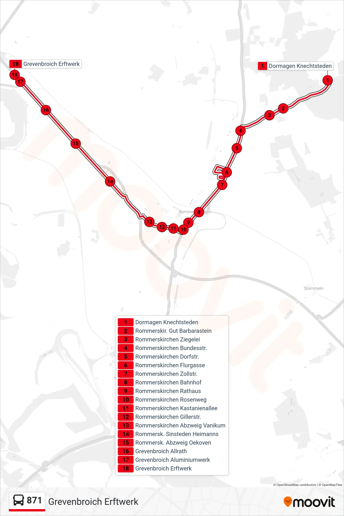 871 bus Line (Grevenbroich Erftwerk) route and stops on a map