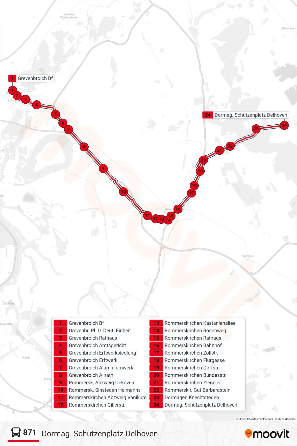 871 bus Line (Dormag. Schützenplatz Delhoven) route and stops on a map