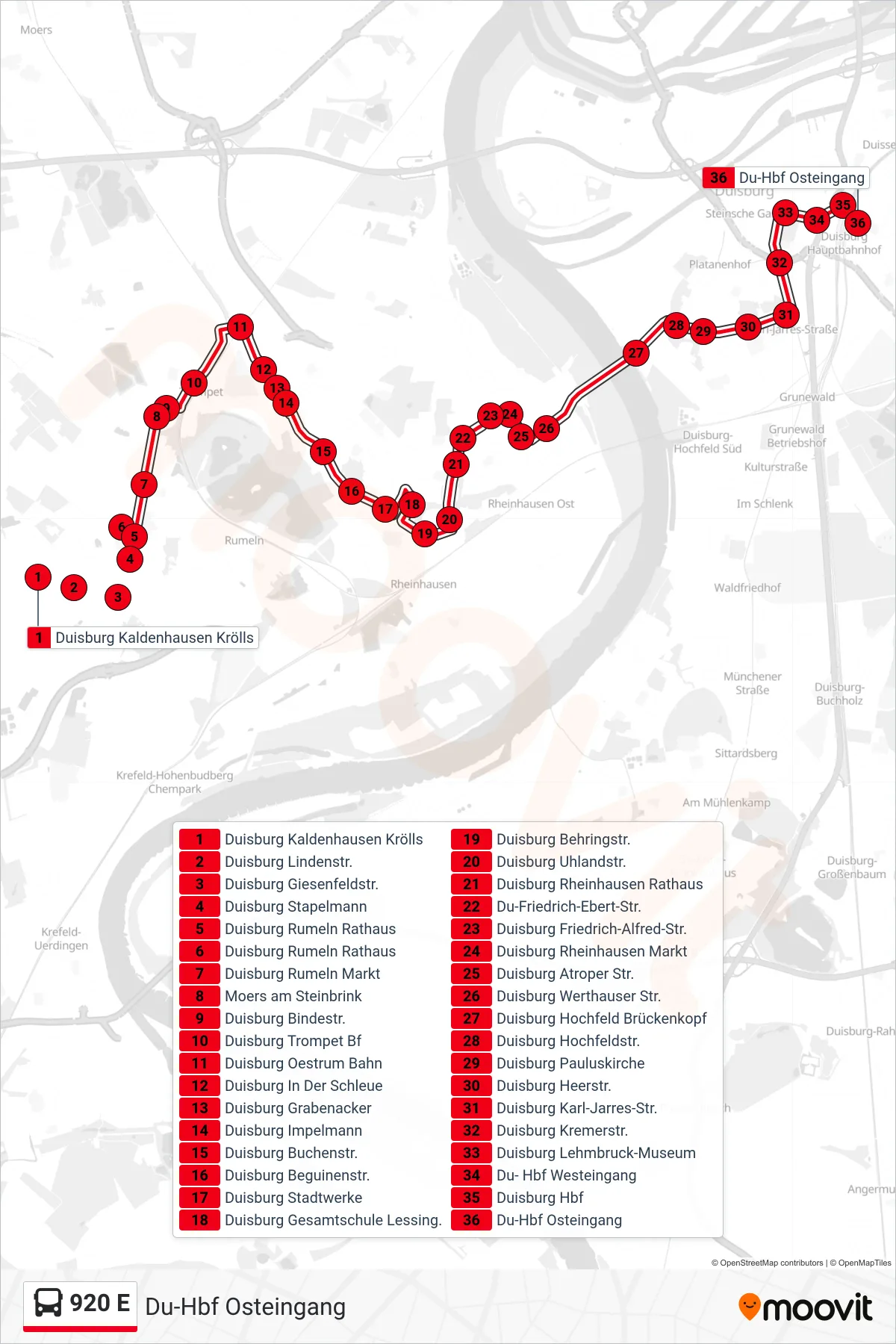 920 E bus Line (Du-Hbf Osteingang) route and stops on a map