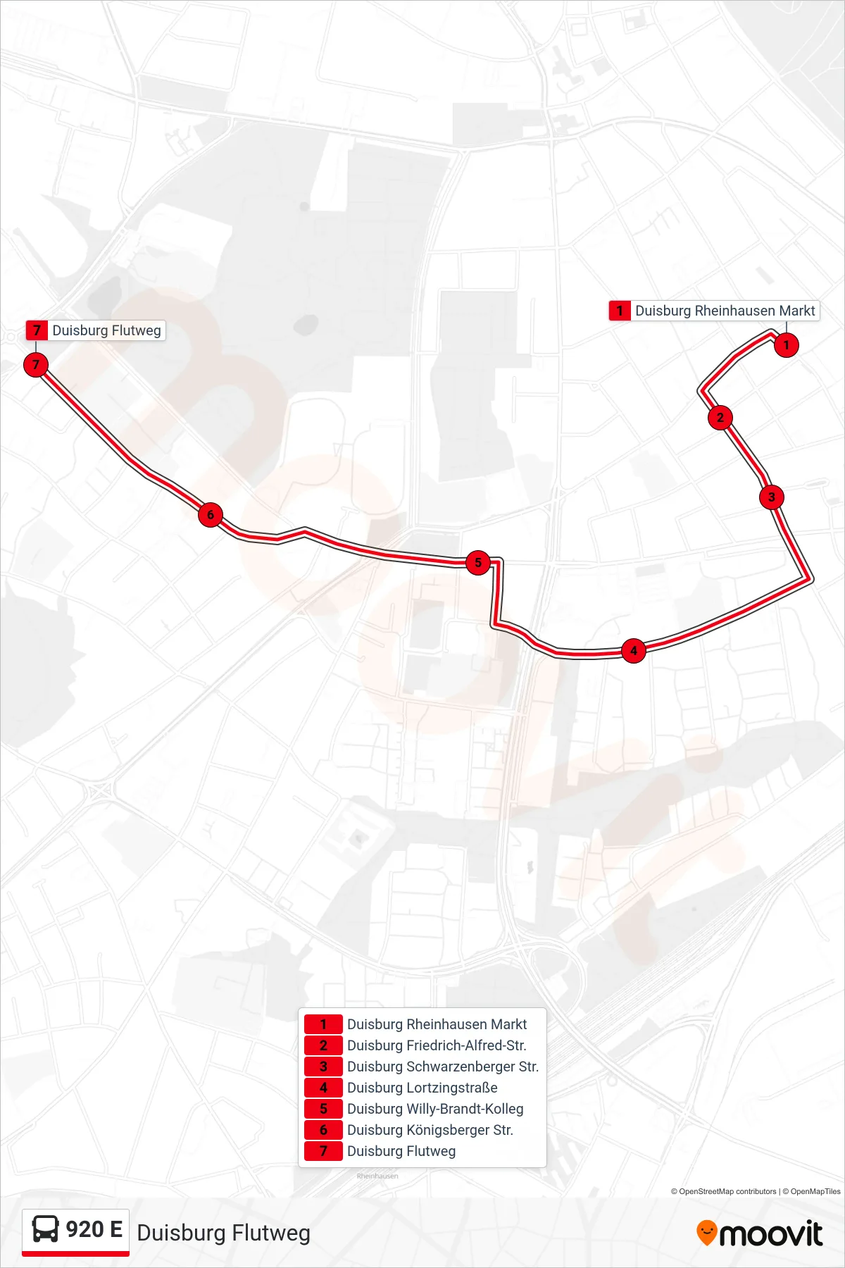 920 E bus Line (Duisburg Flutweg) route and stops on a map