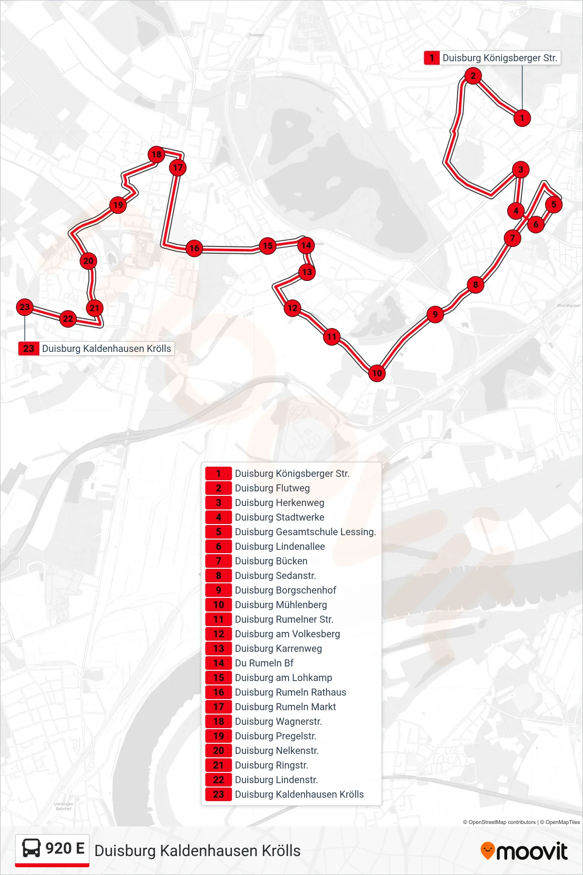 Linie 920 E (Bus) Richtung Duisburg Kaldenhausen Krölls: Route und Haltestellen auf der Karte