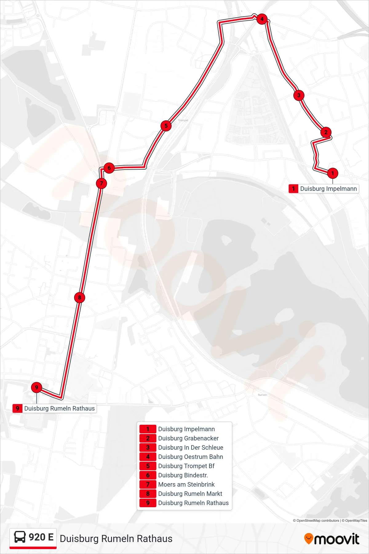 Linie 920 E (Bus) Richtung Duisburg Rumeln Rathaus: Route und Haltestellen auf der Karte